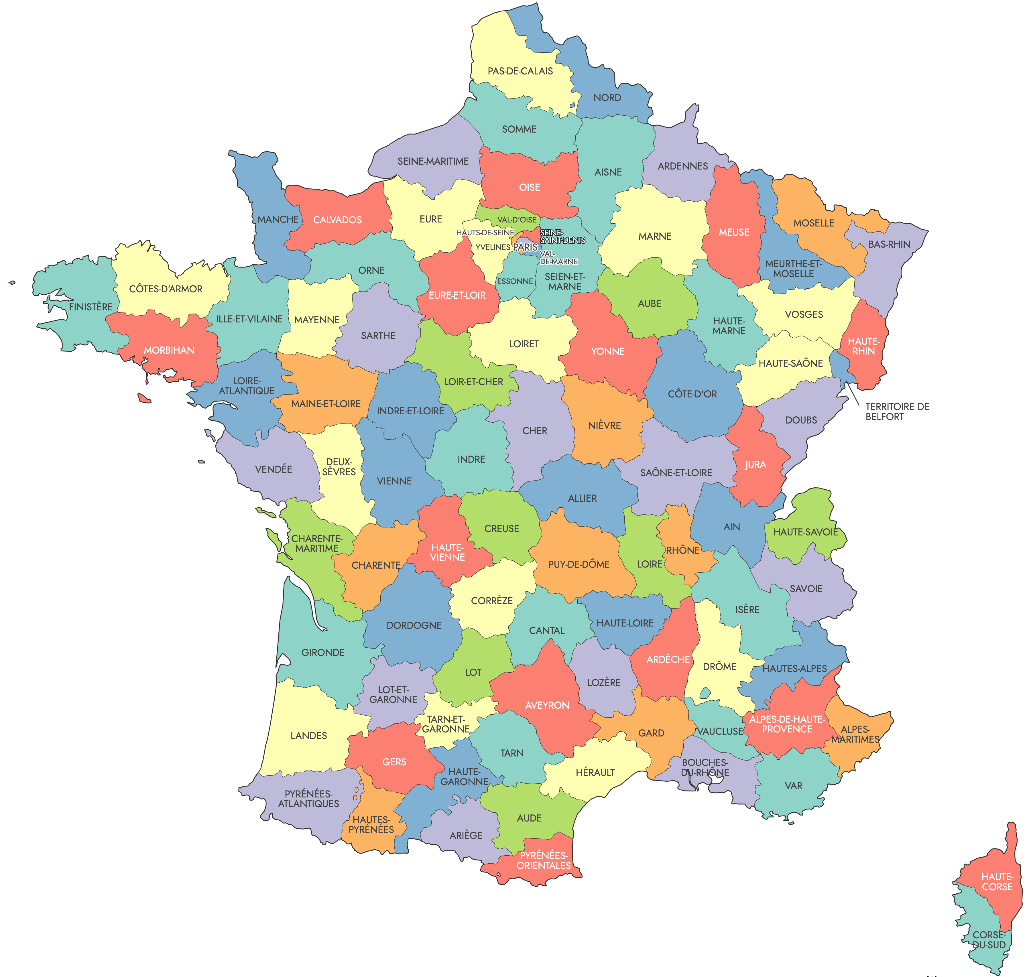High-resolution colored map of France