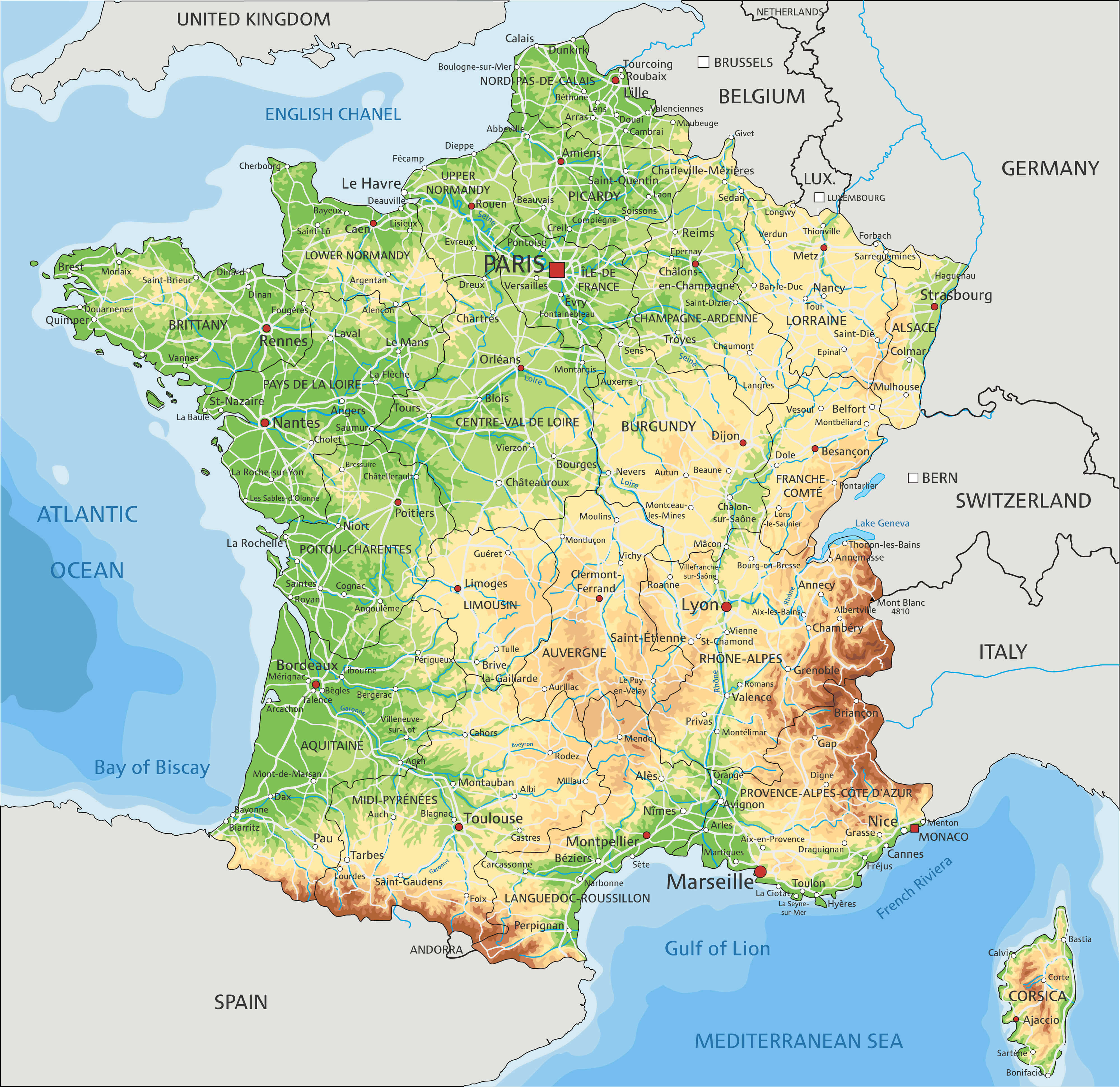 High-resolution France physical map