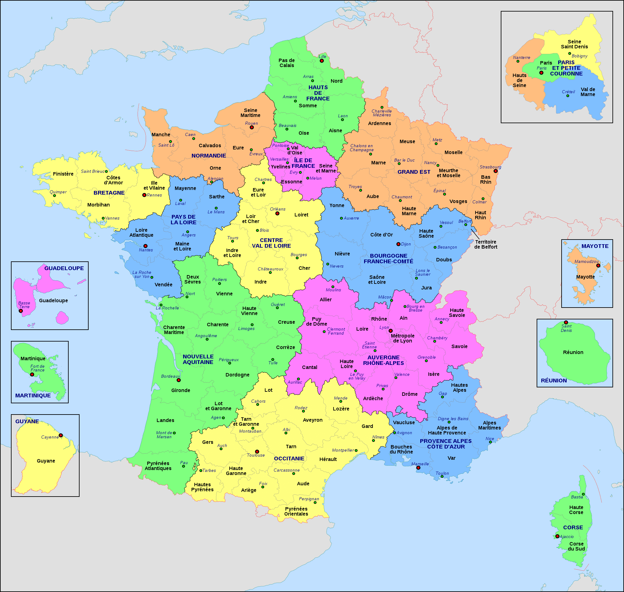 High resolution map of France regions and territories