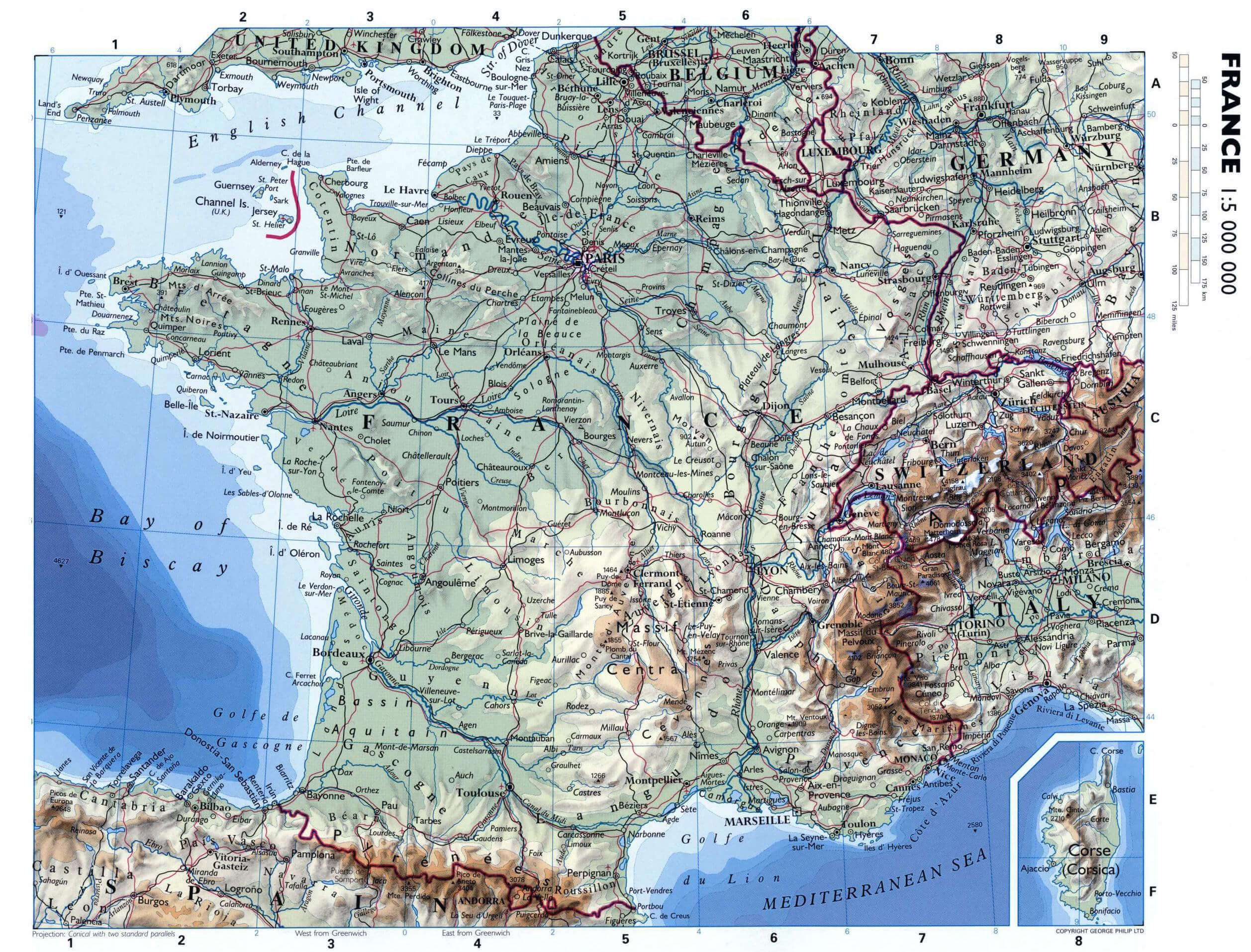 Physical map of France with cities and roads