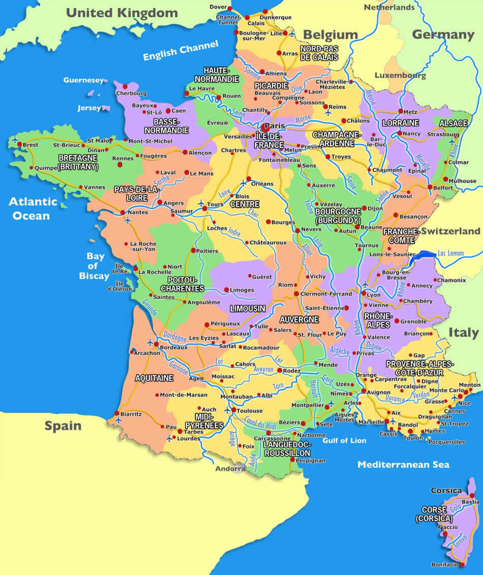 Map of France with Rivers and Cantons
