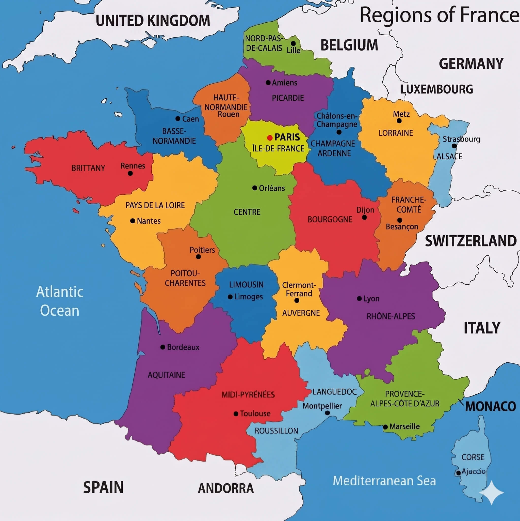 Colorful France regions map