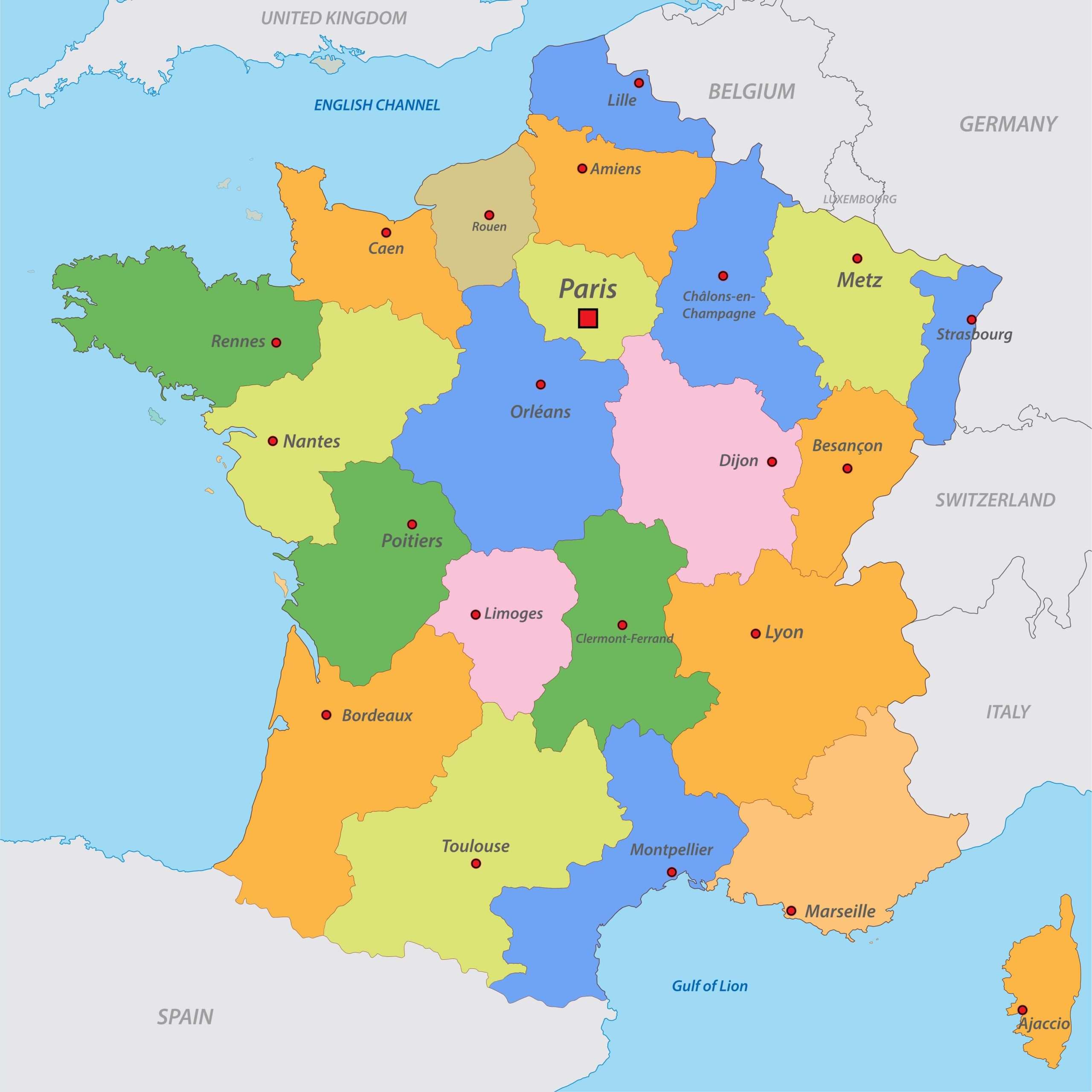 France regions labeled color map