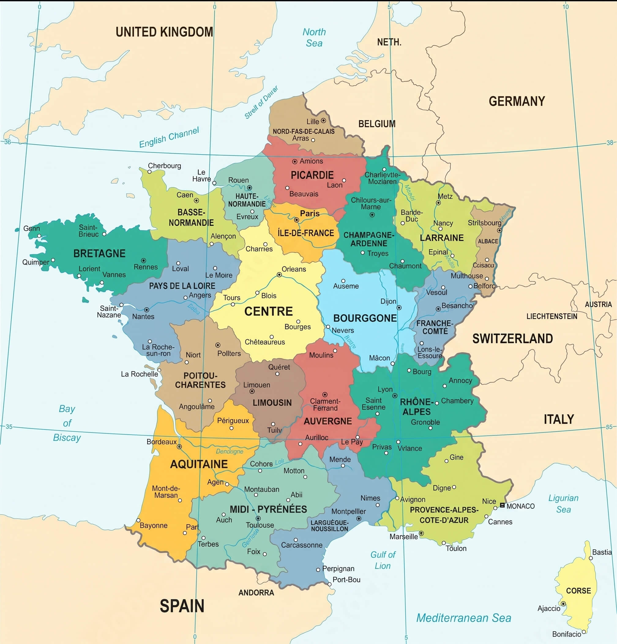 France regions labeled map