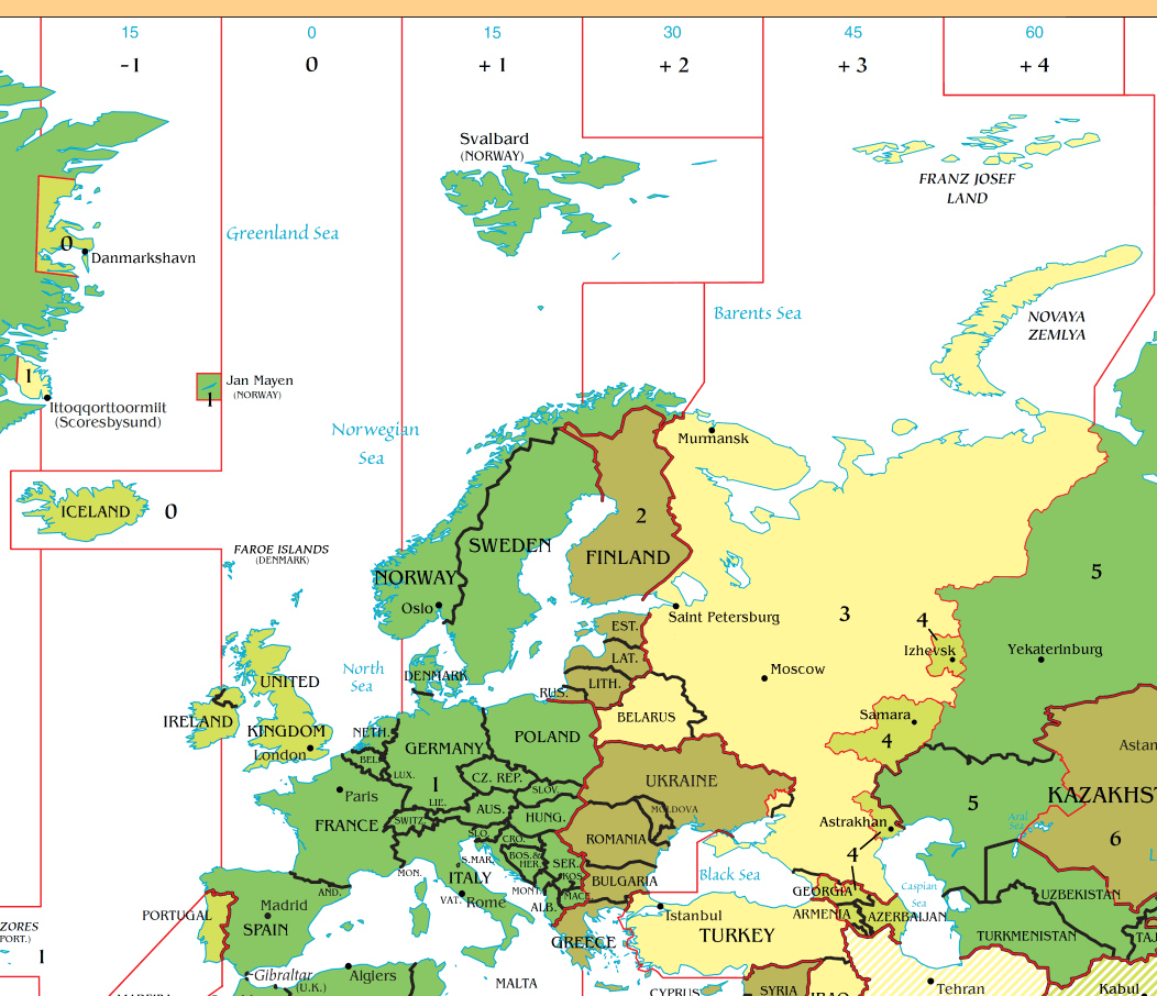Europe time zone map with France
