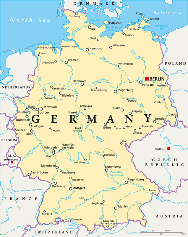 Germany major cities rivers map