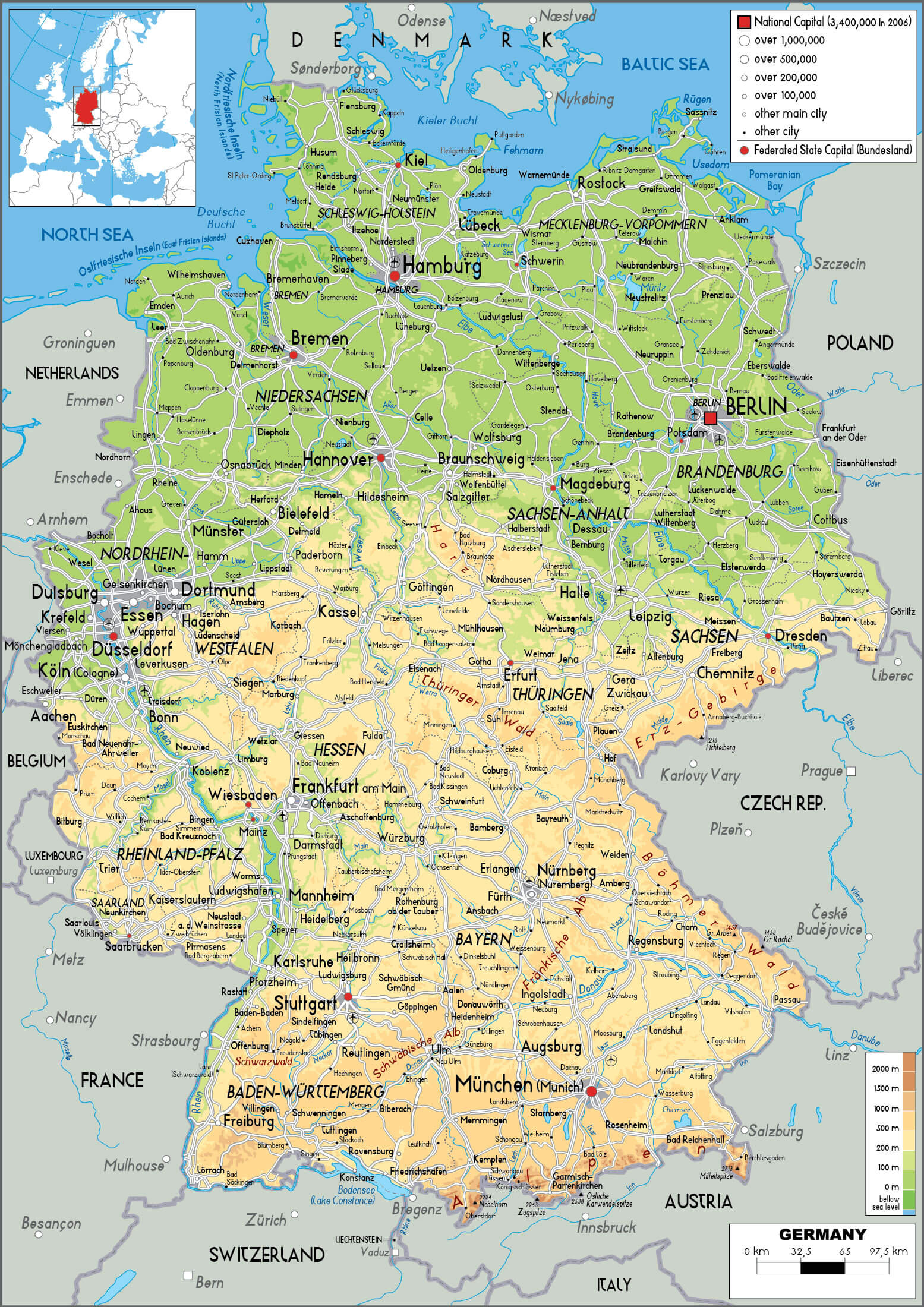 Germany physical map with cities