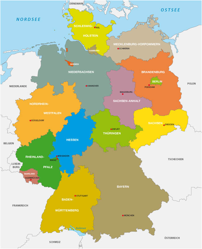 Germany state map with cities