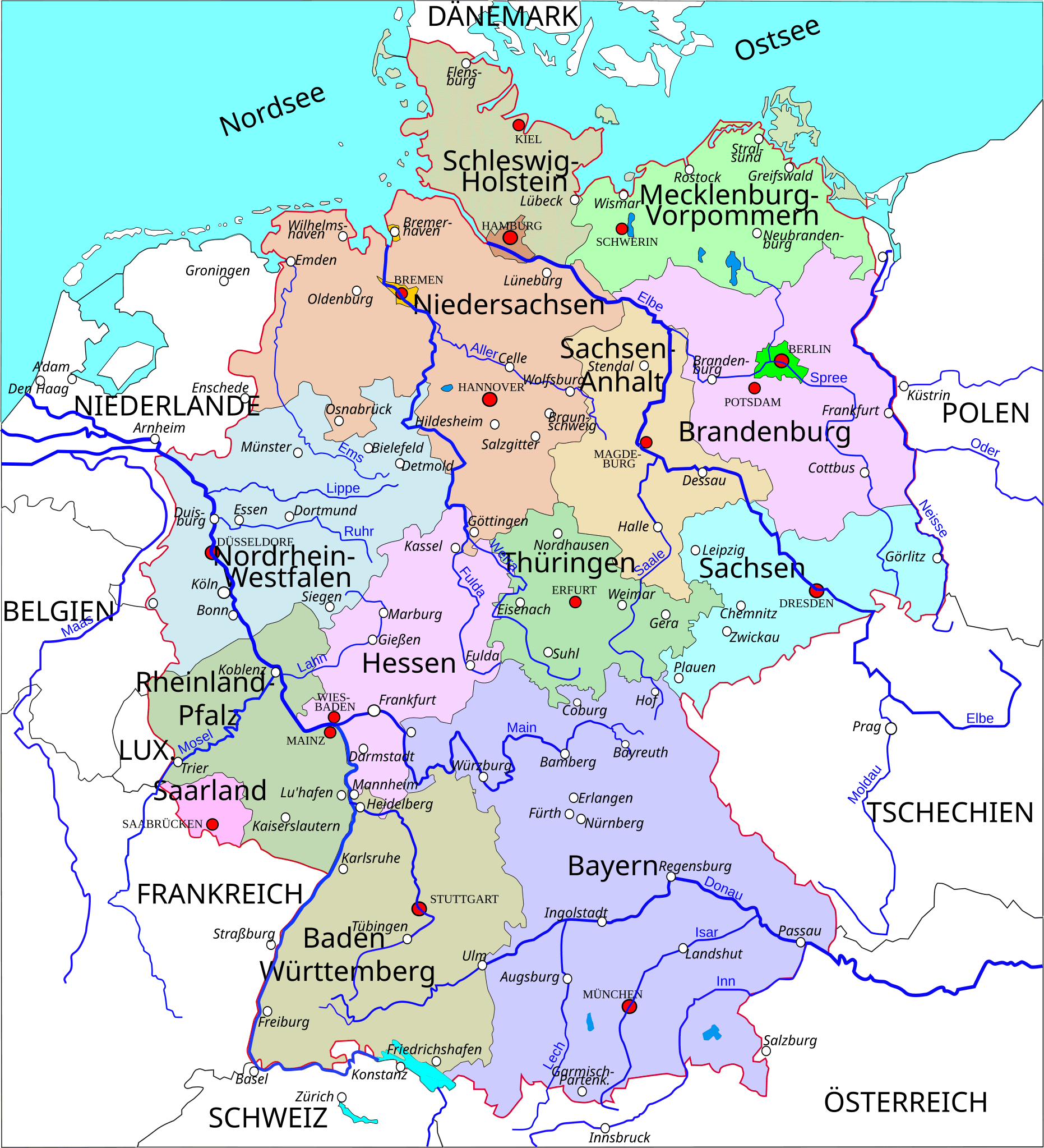 Political map of Germany with cities