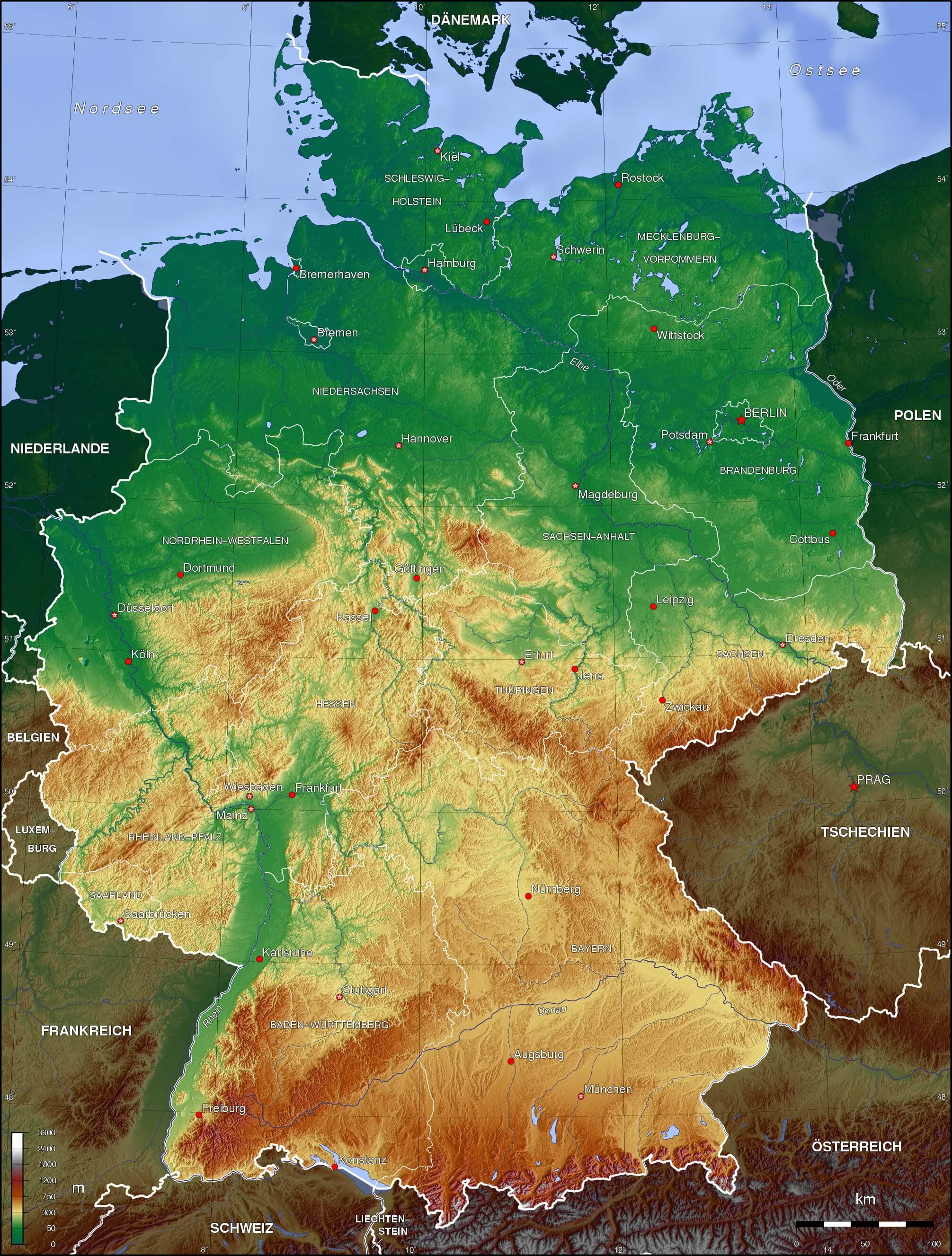 Topo map of Germany with cities	