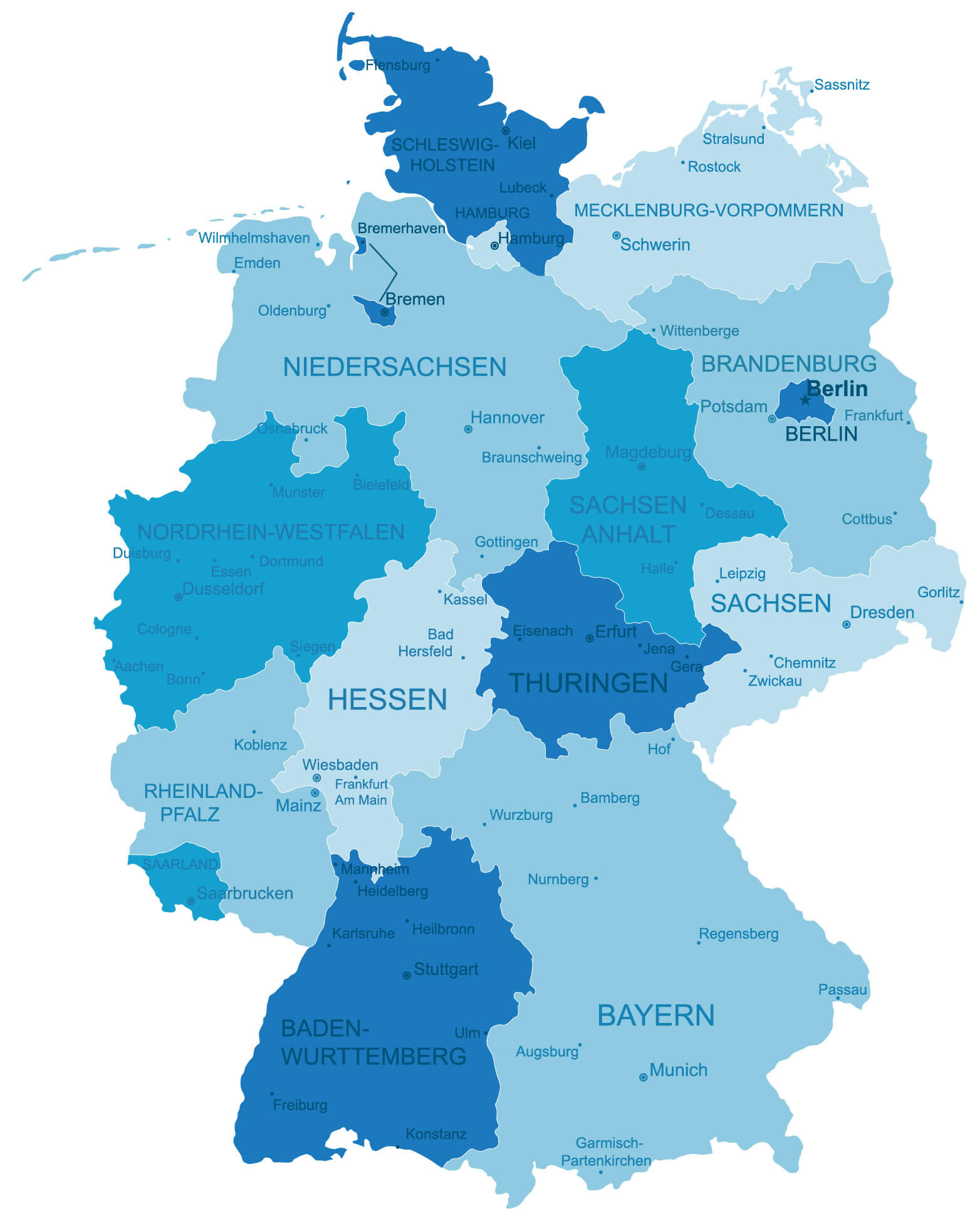 Germany detailed regions map with cities
