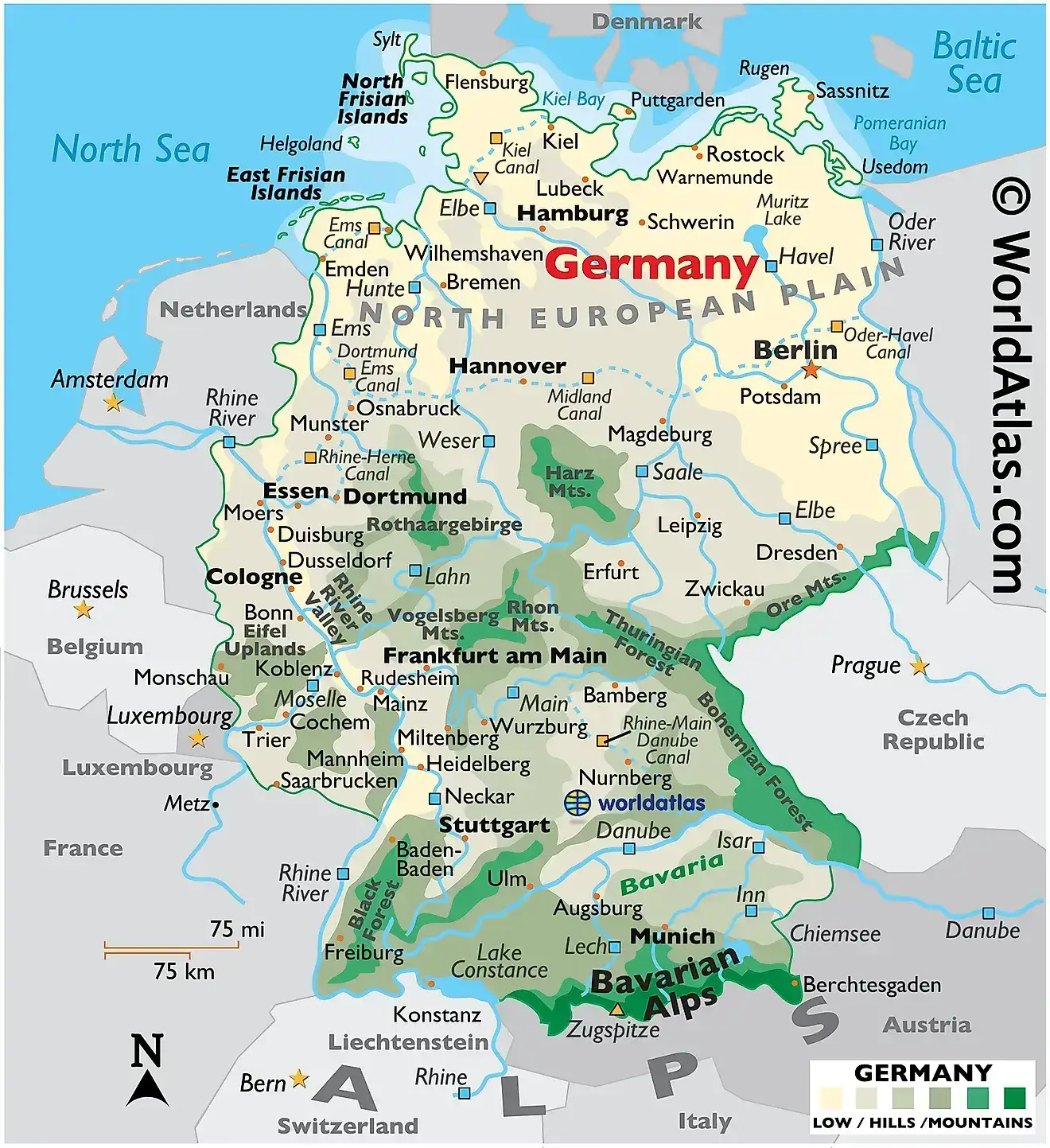 Germany physical map with major cities