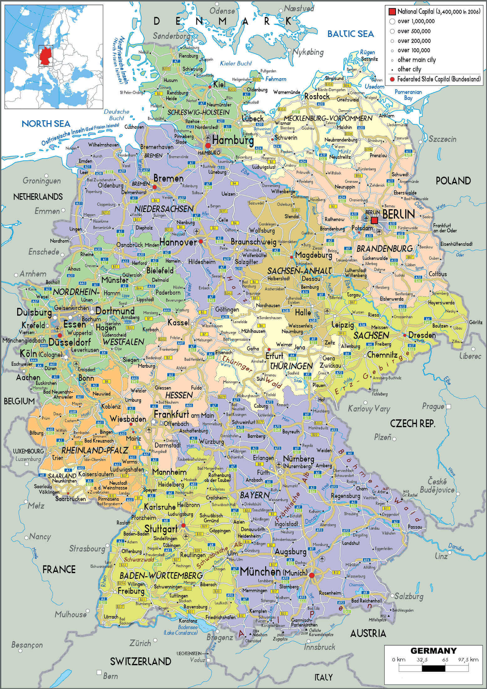 Germany political map with cities and regions