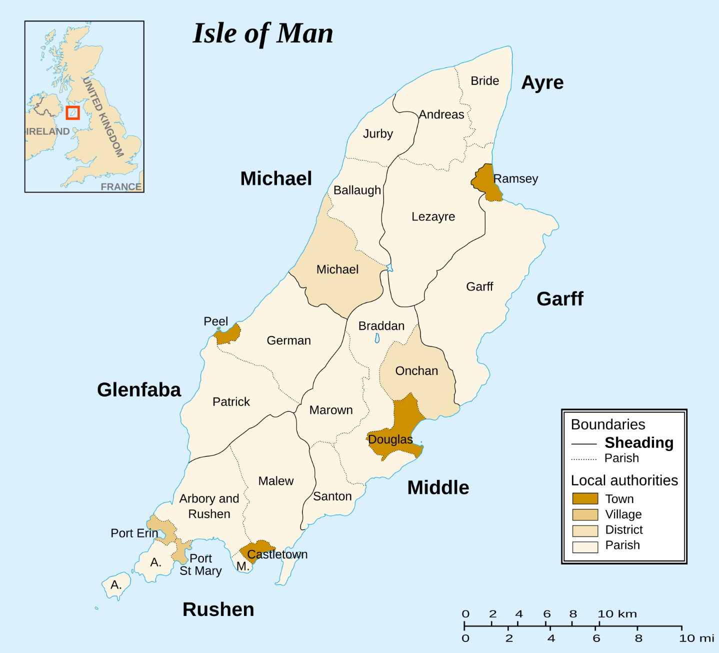 Isle of Man political map with towns, districts, and boundaries