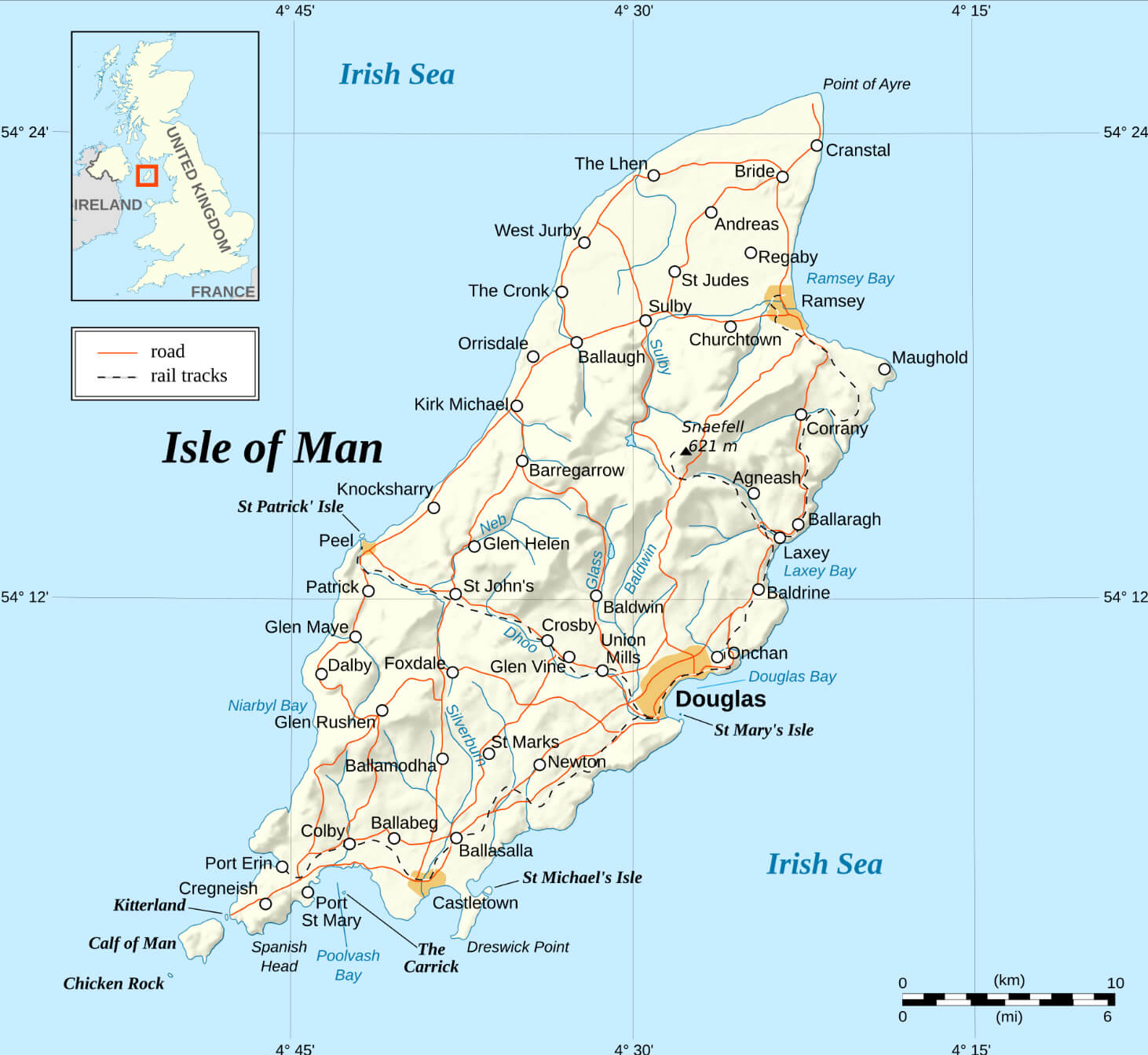 Detailed map of the Isle of Man with towns, roads, and railways