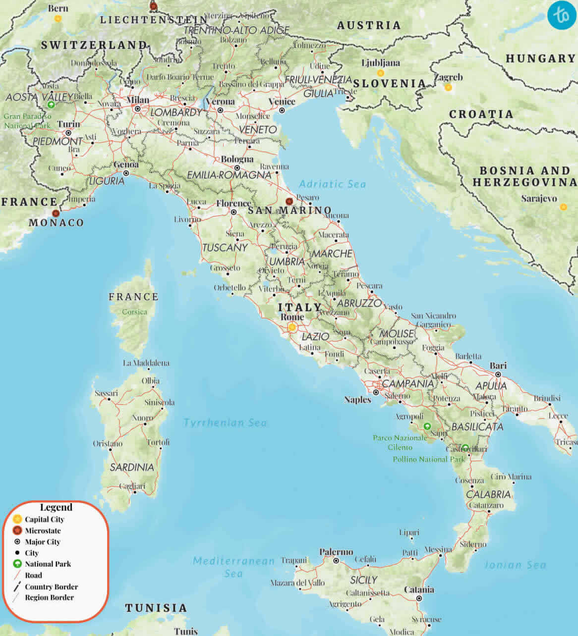Cities physical map of Italy