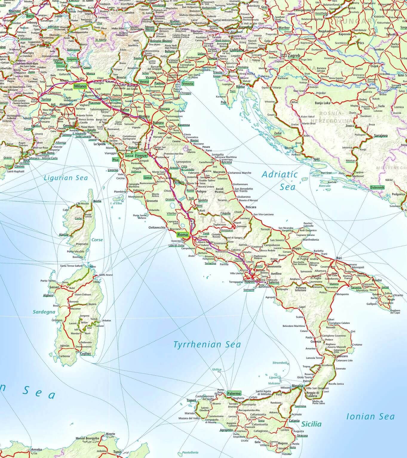 Italy train rail map with largest cities