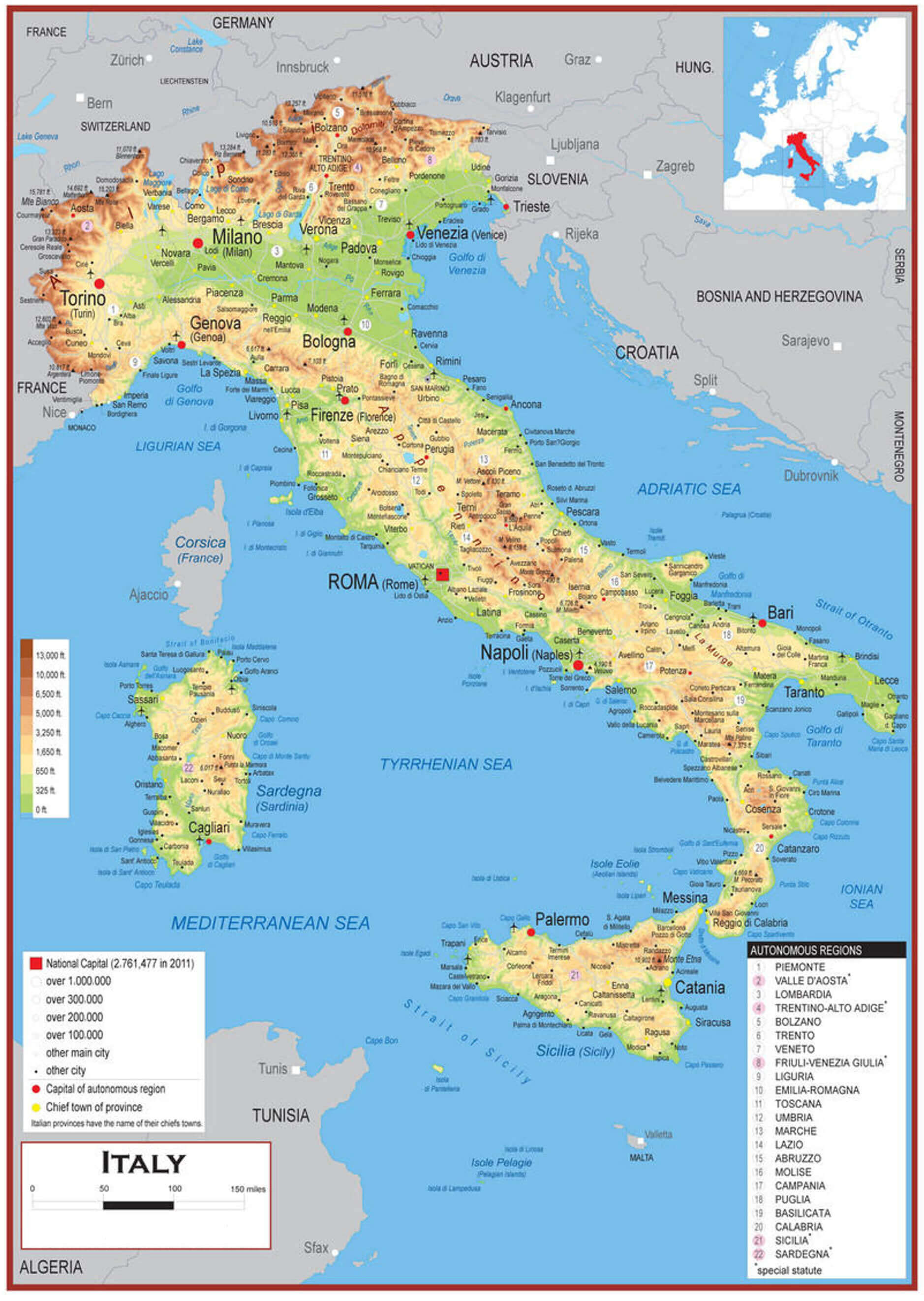 Large physical map of Italy with cities population