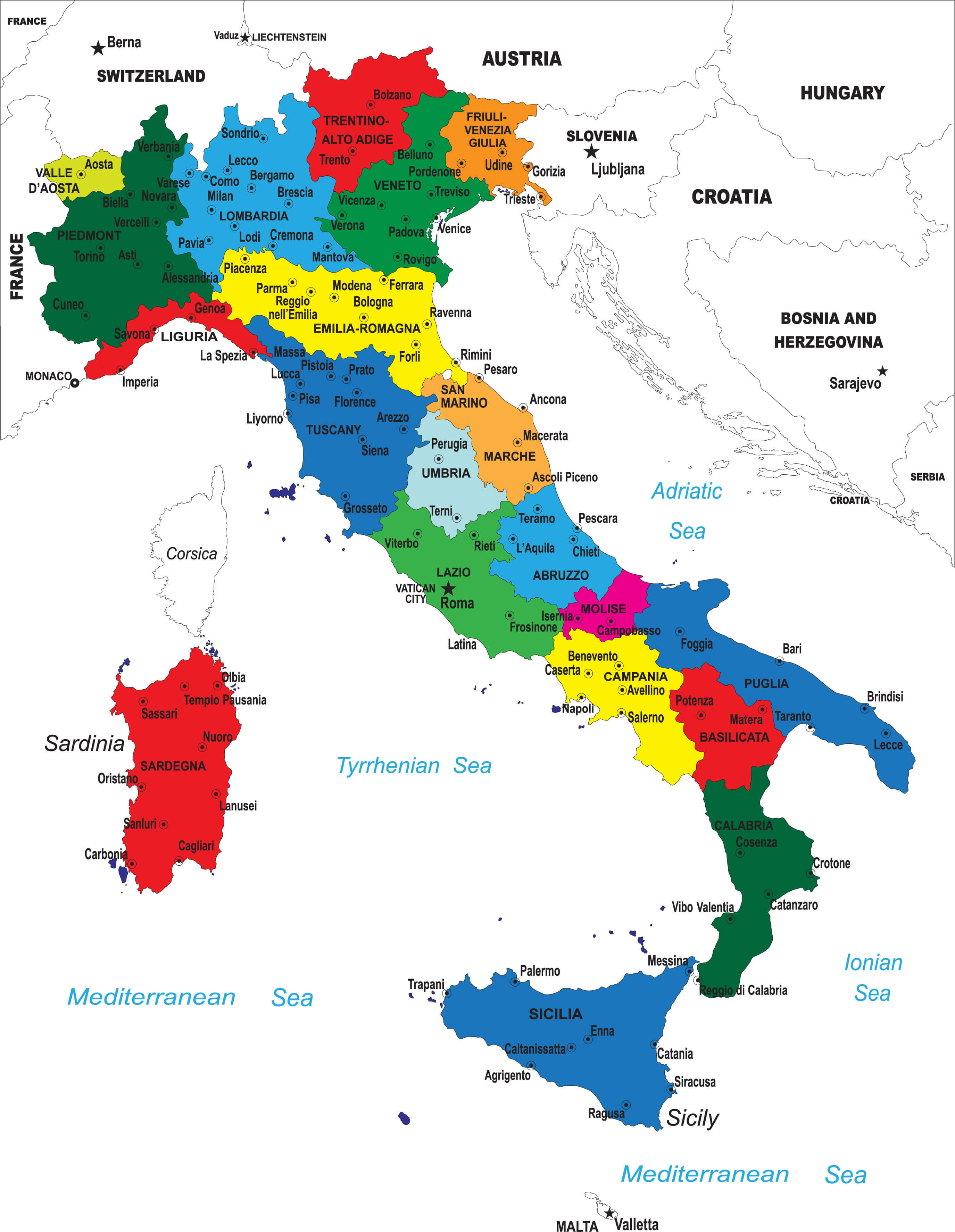 Political map of Italy with cities