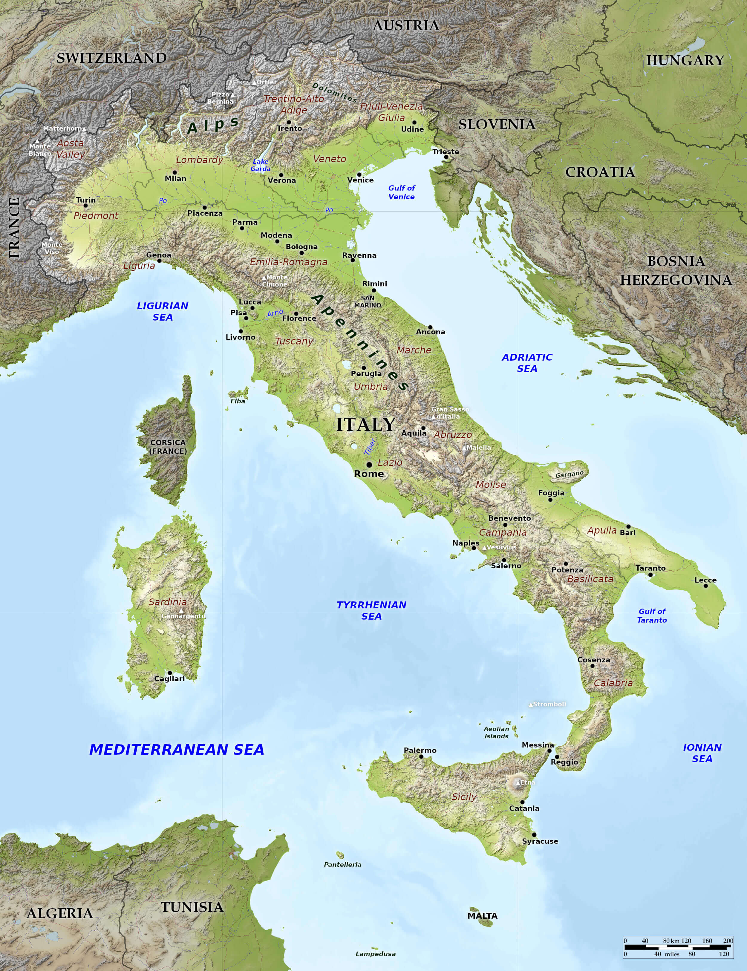 Relief map of Italy with cities