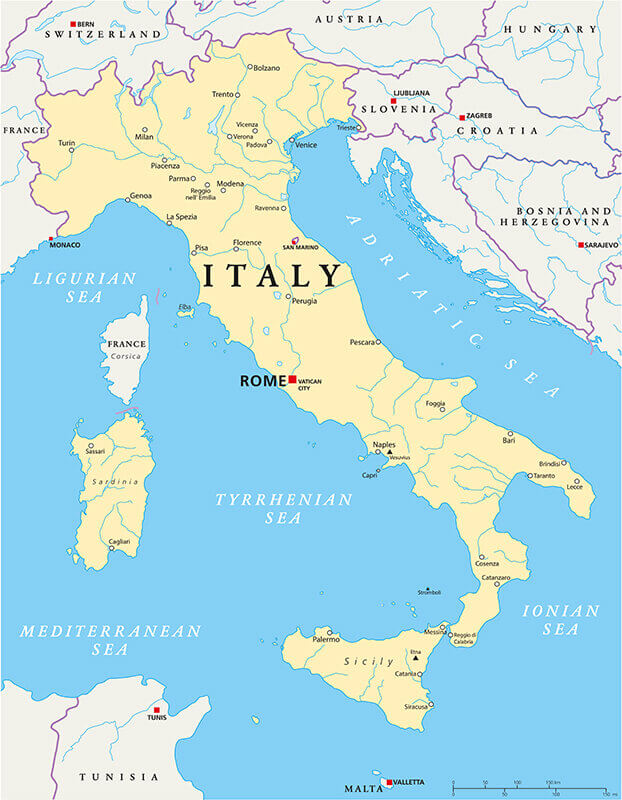 Italy map with rivers cities and borders