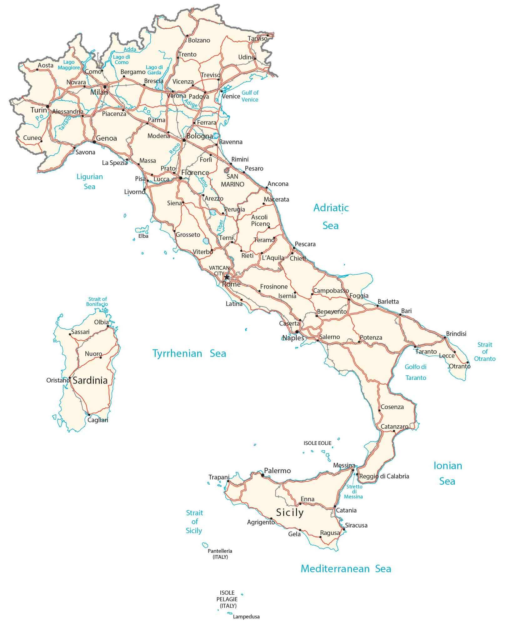 Detailed Italy main roads map