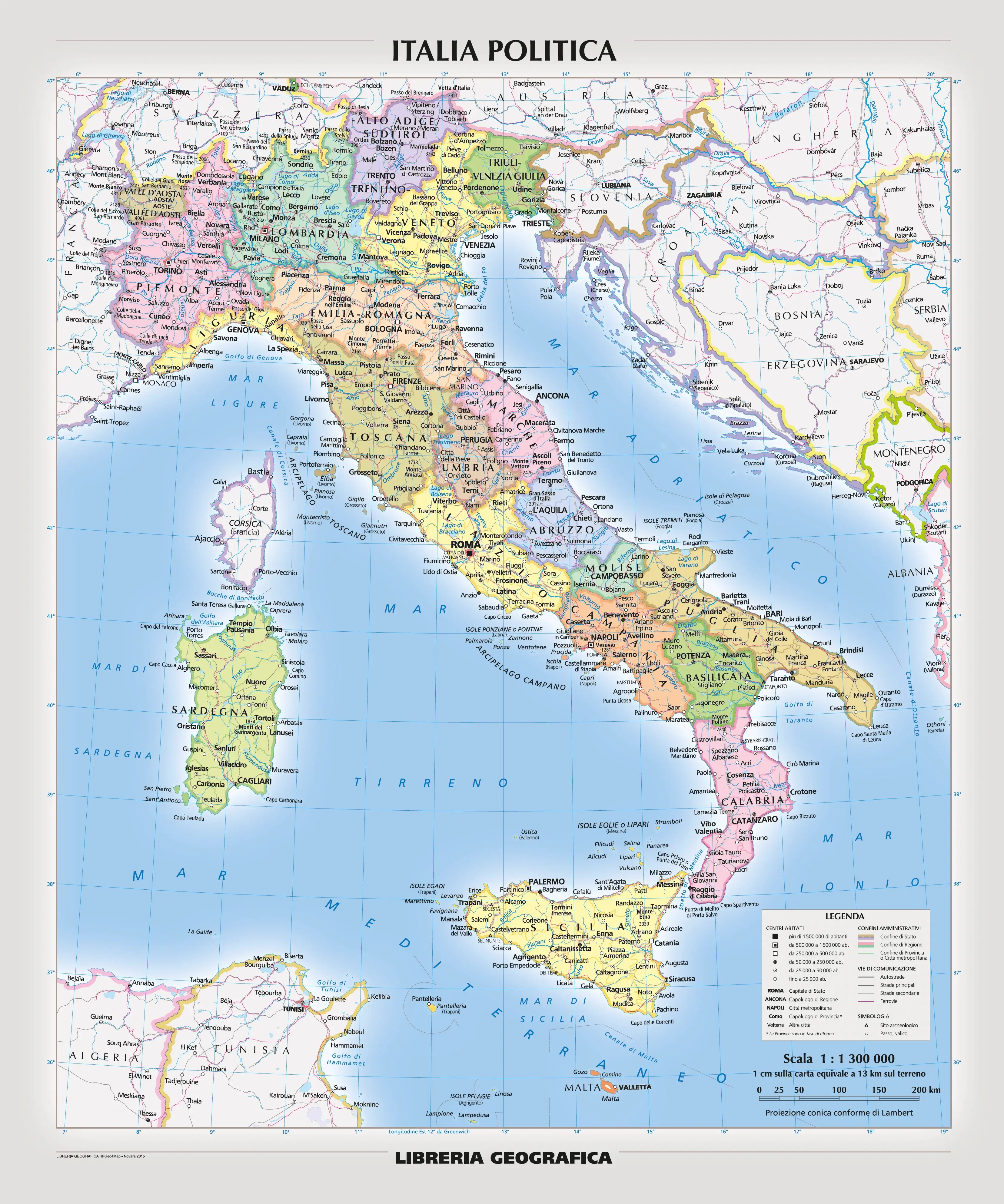 High-resolution Italy political wall map in Italian