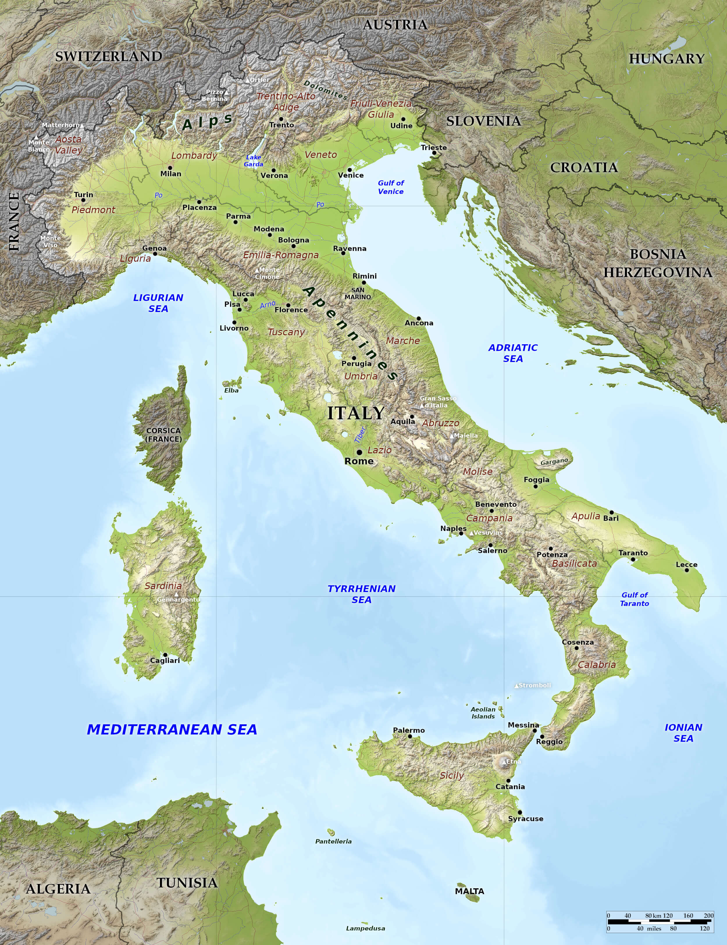 High resolution relief map of Italy