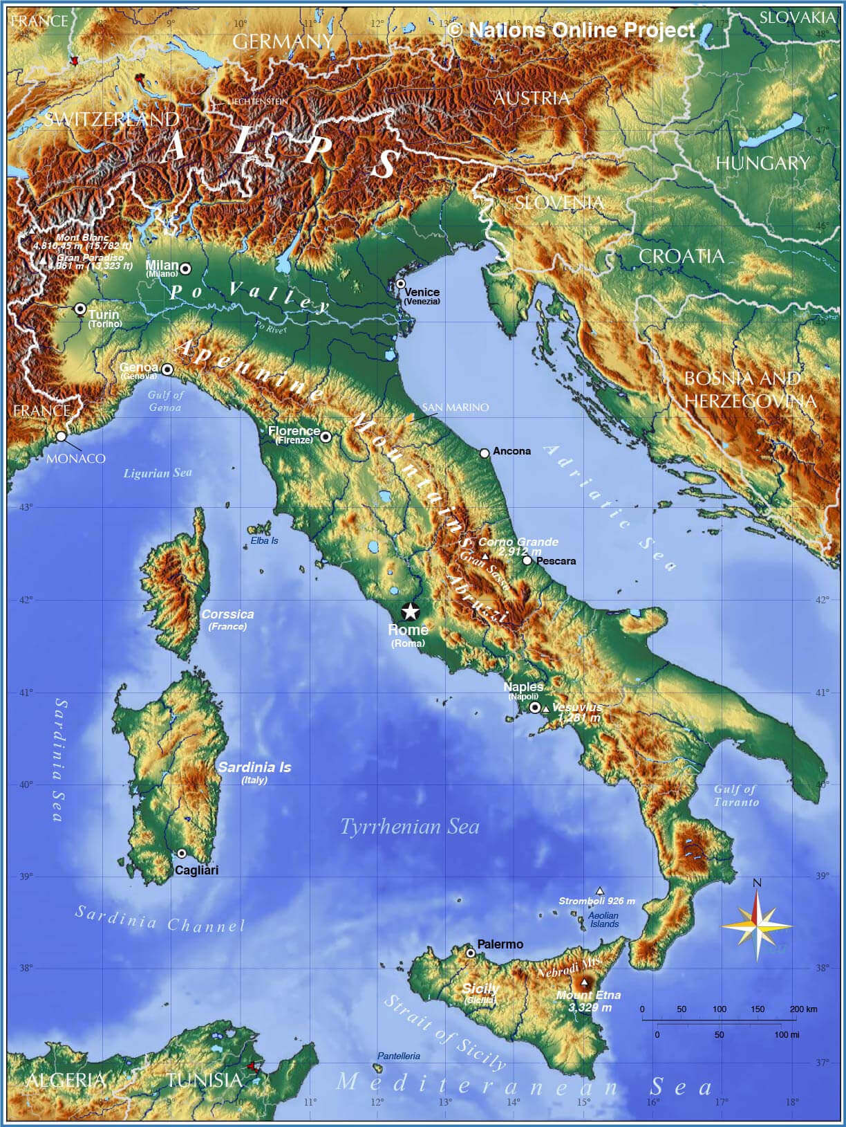 Italy large topography map