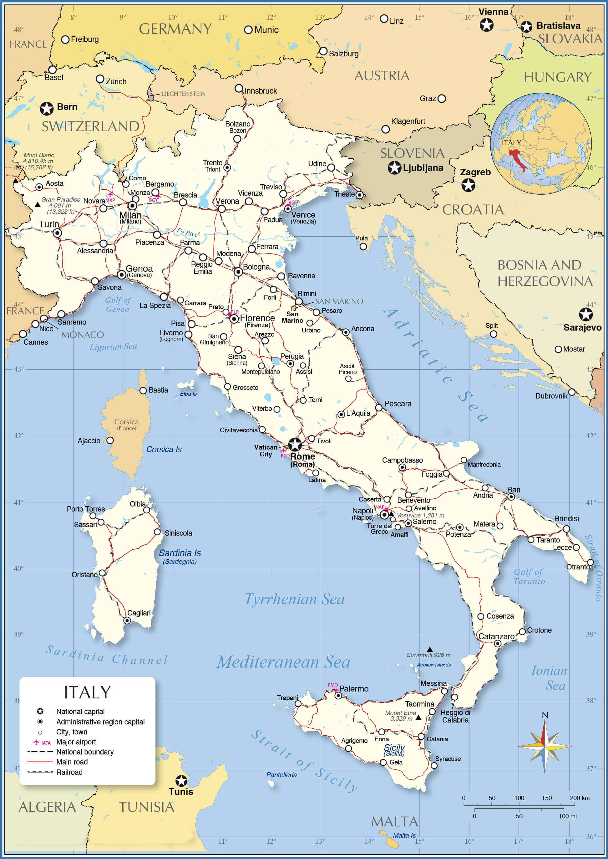 Large Italy highways map with major cities and roads
