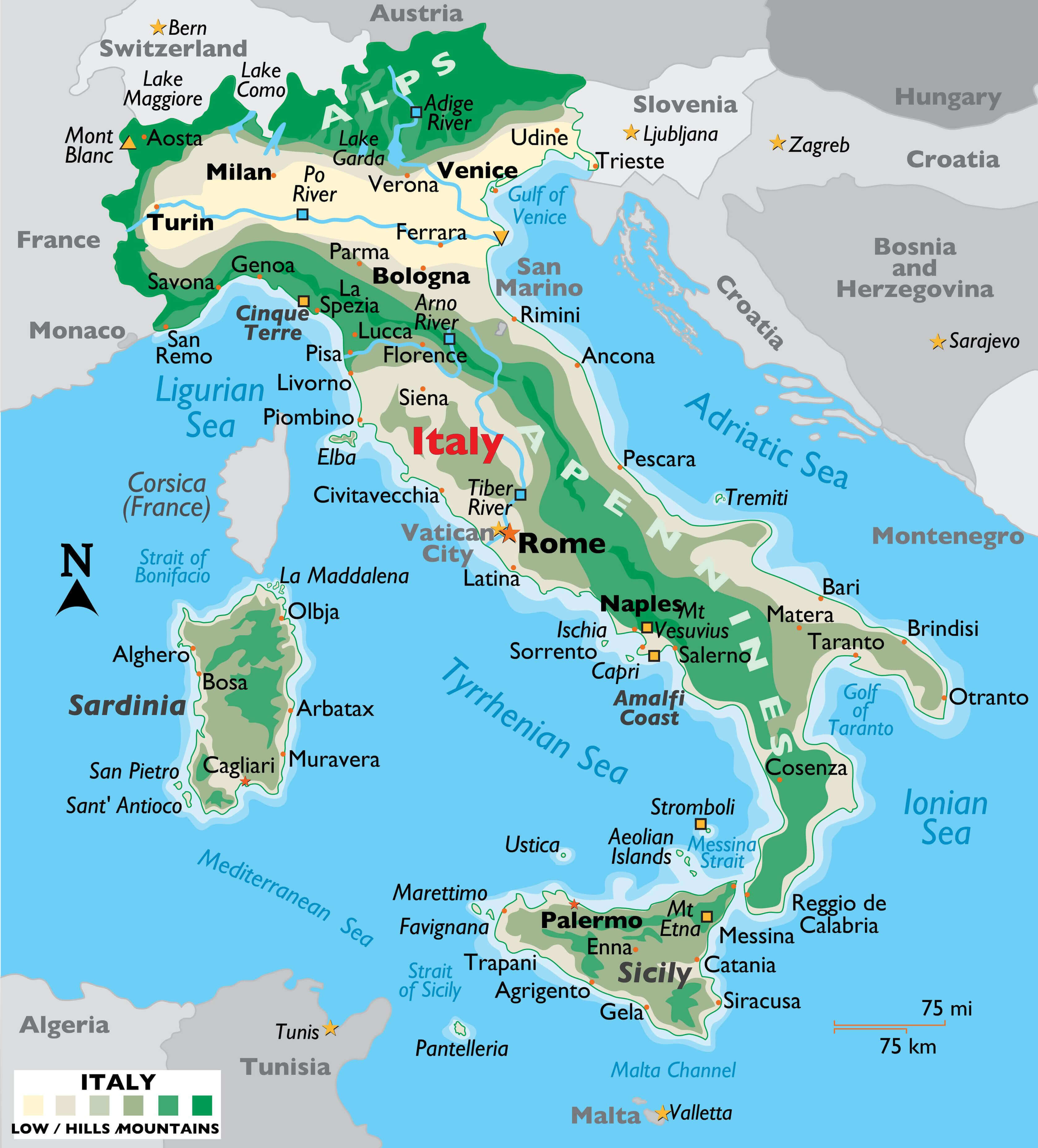 Large Italy map with mountains and plateaus