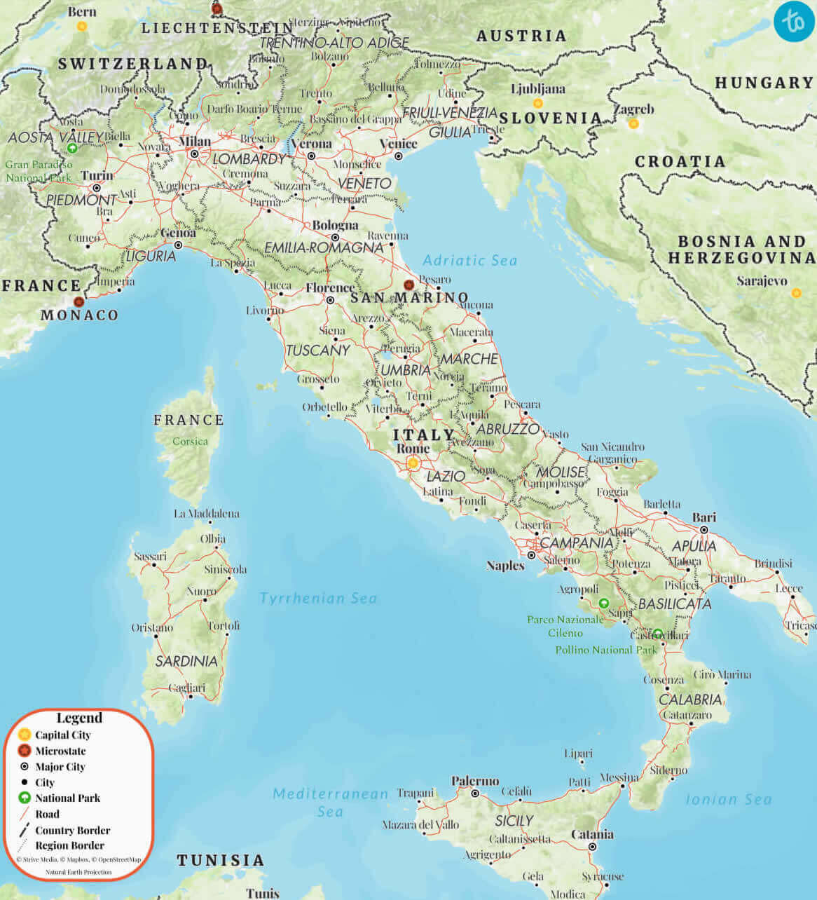 Large physical map of Italy