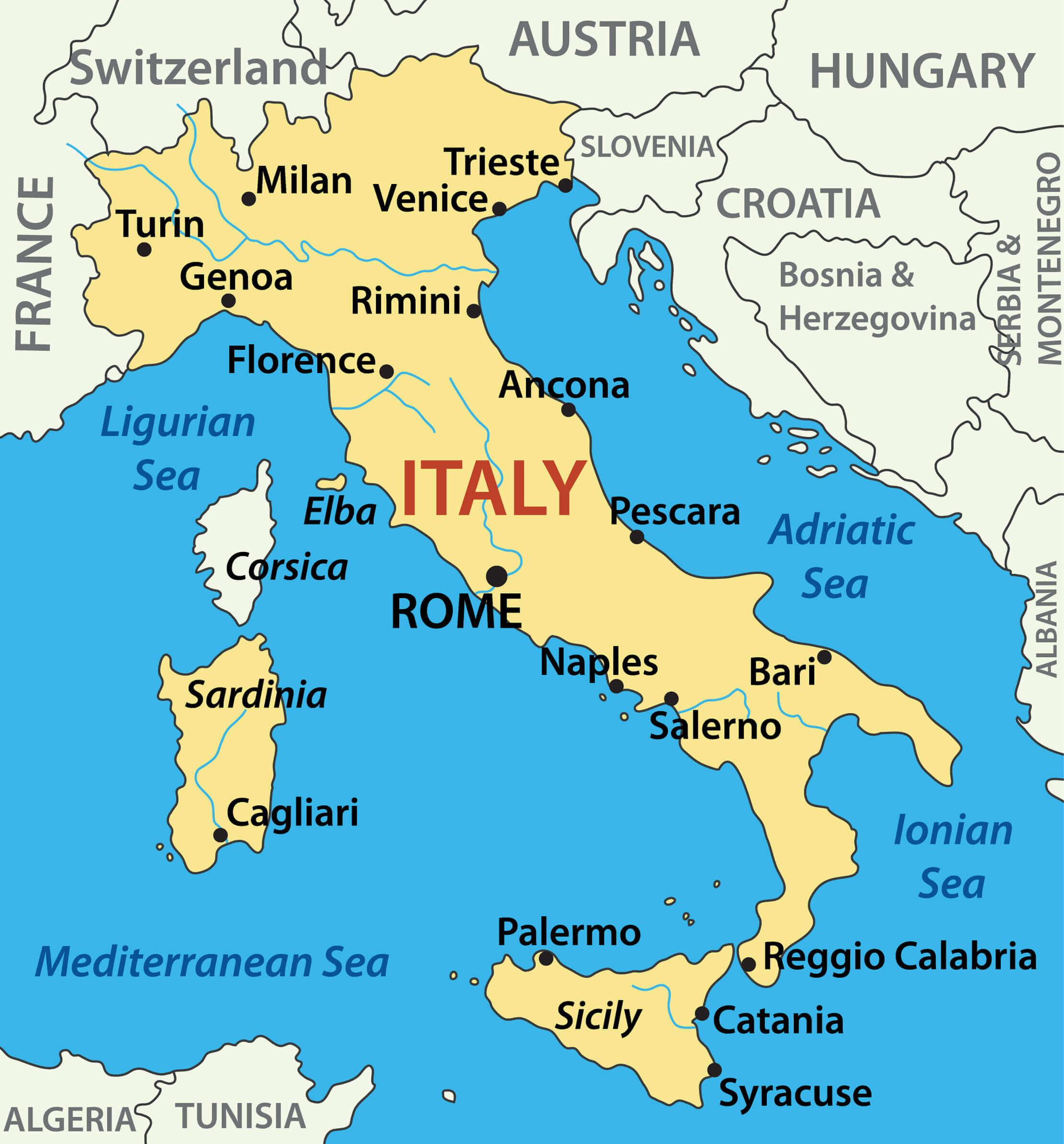 Major cities map of Italy
