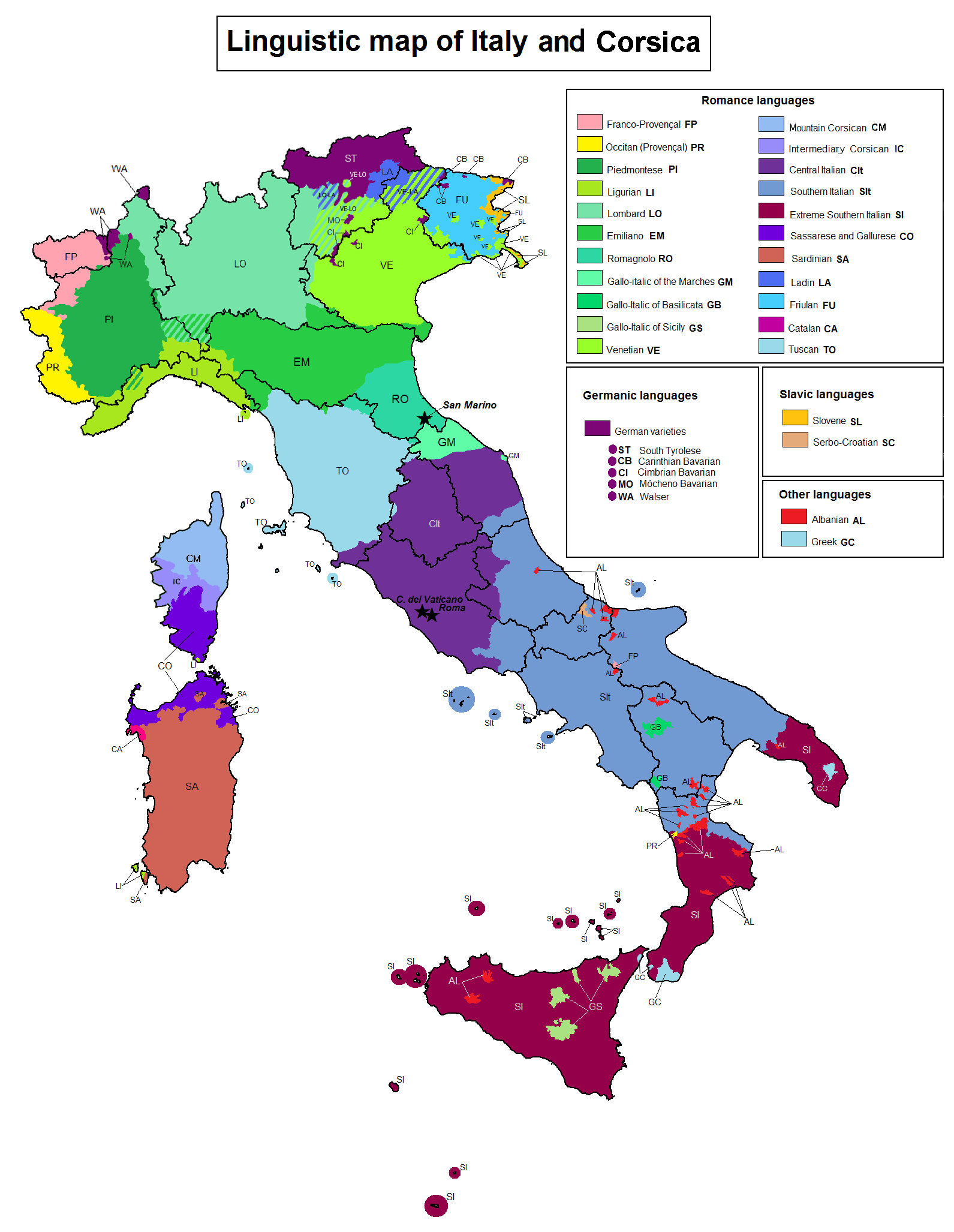 Map of the languages spoken in Italy