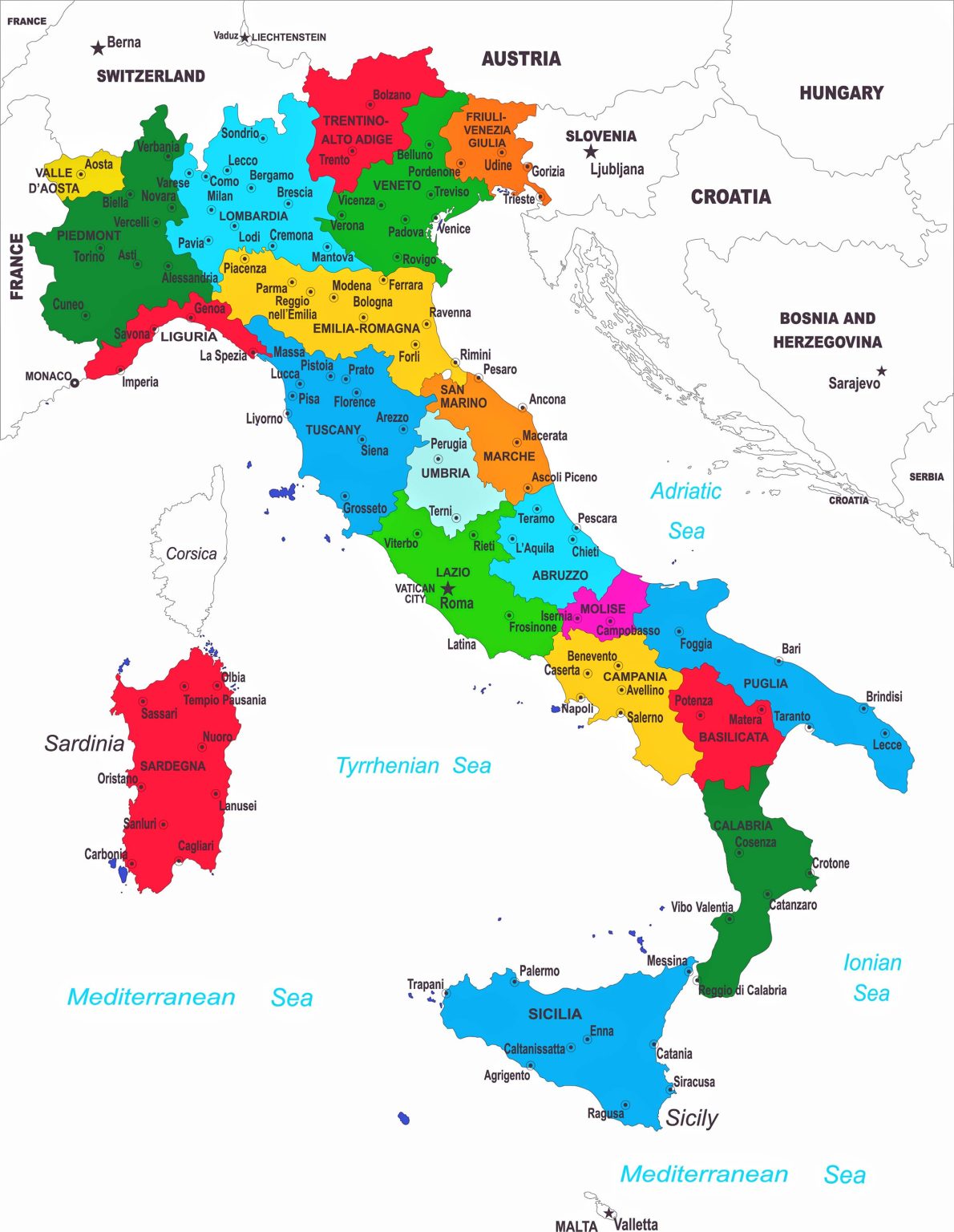 Italy Political Map with Regions, Major Cities, and Neighboring Countries