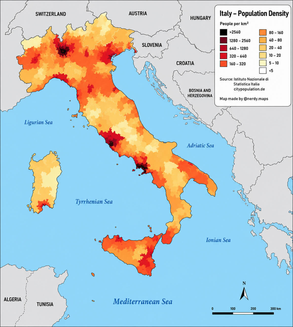 Population density map in Italy