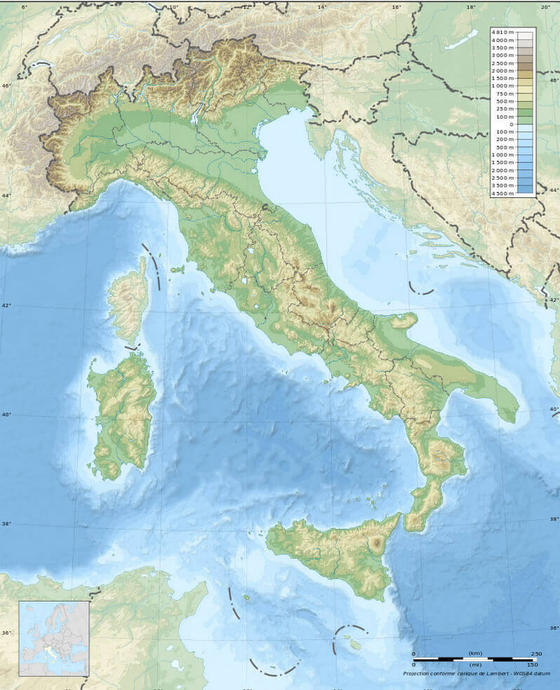 Italy satellite map with Mediterranean Sea