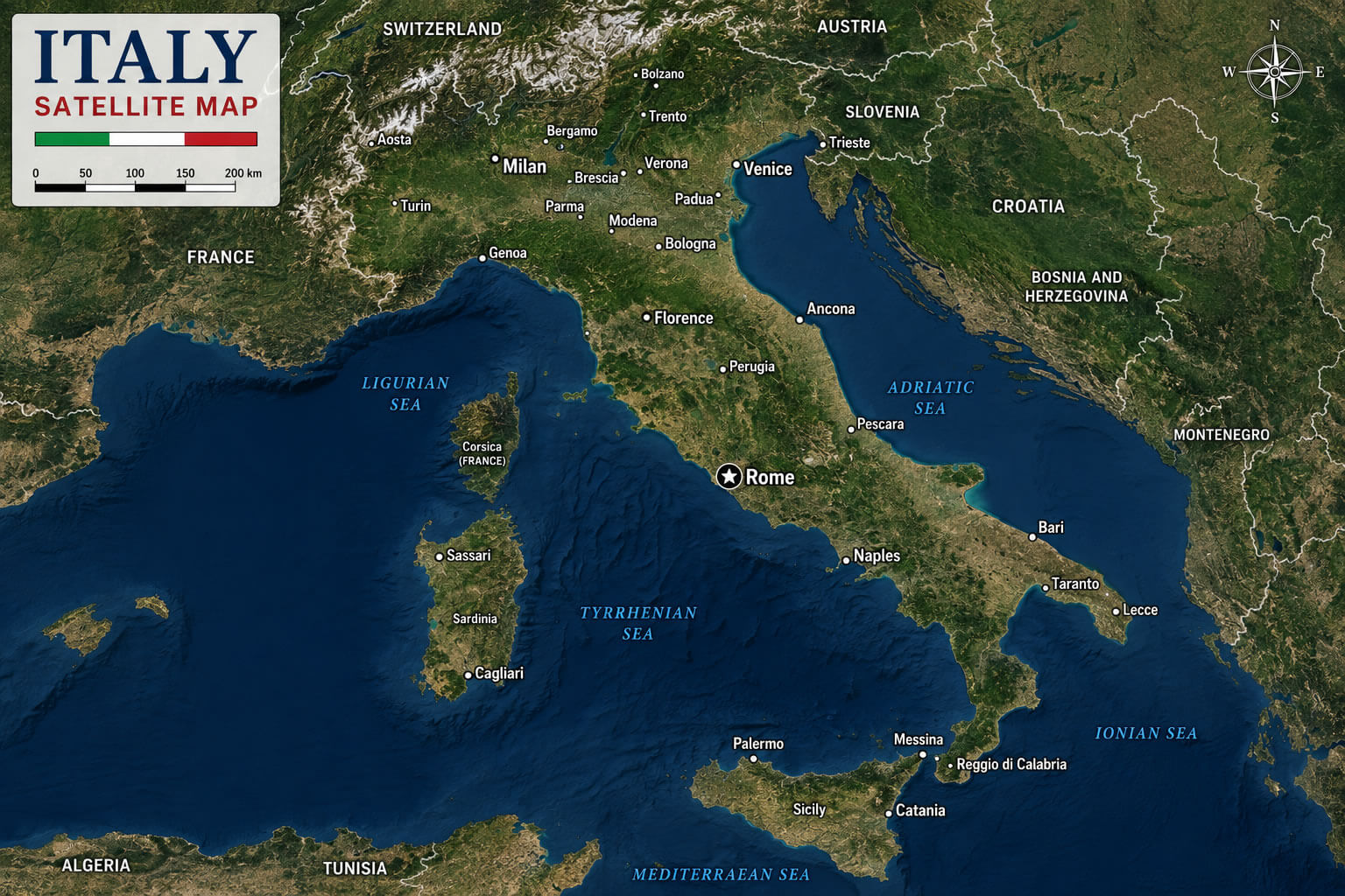 Satellite map of Italy