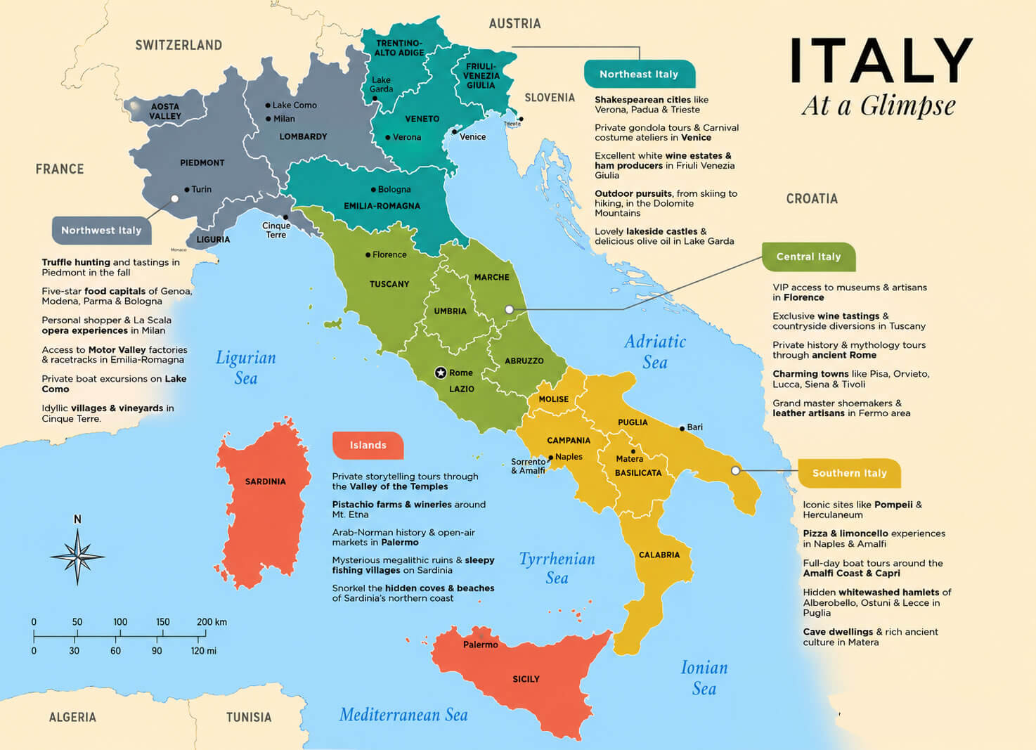 Italy regions and capitals tourism map