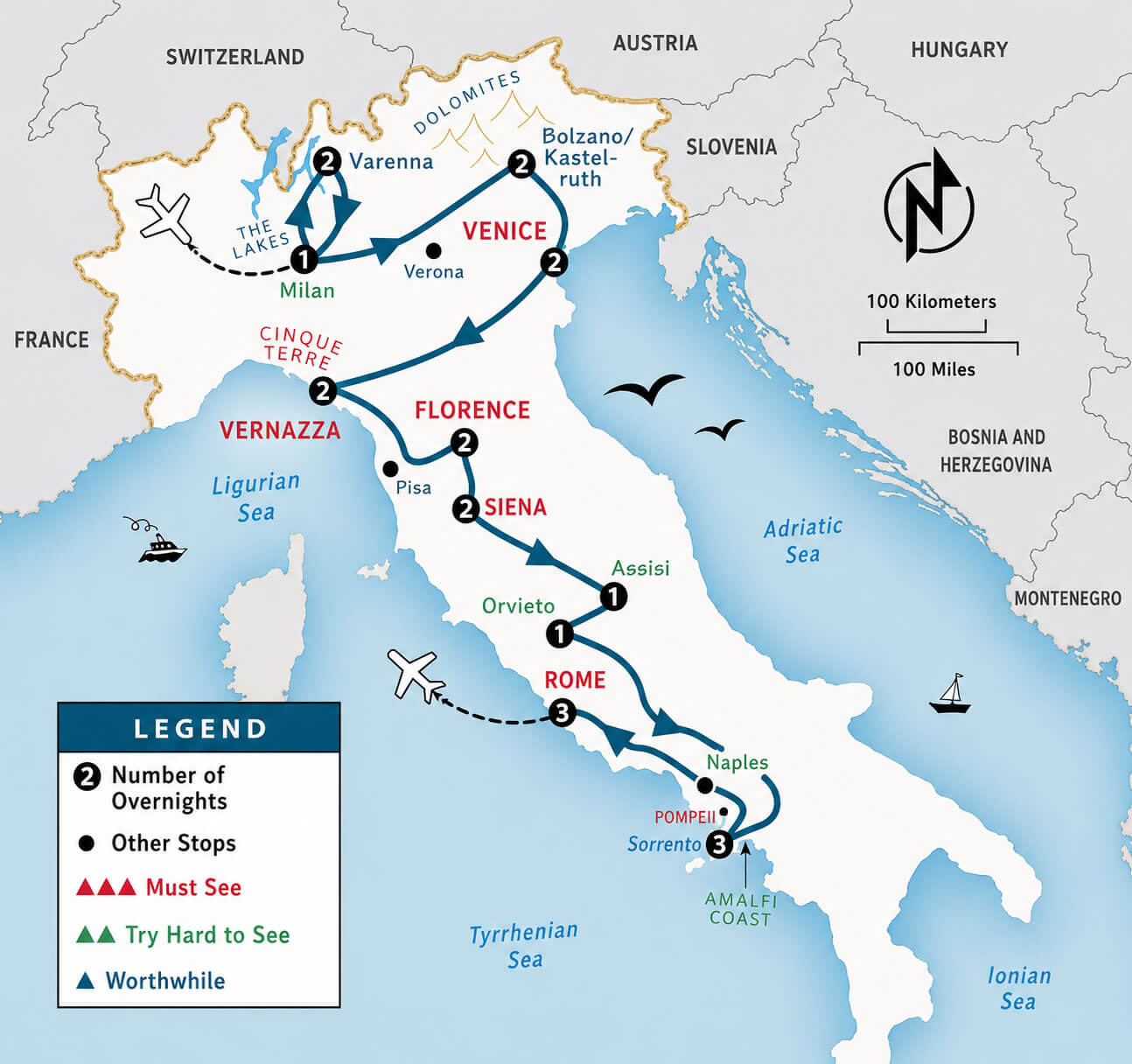 Italy tourist route map