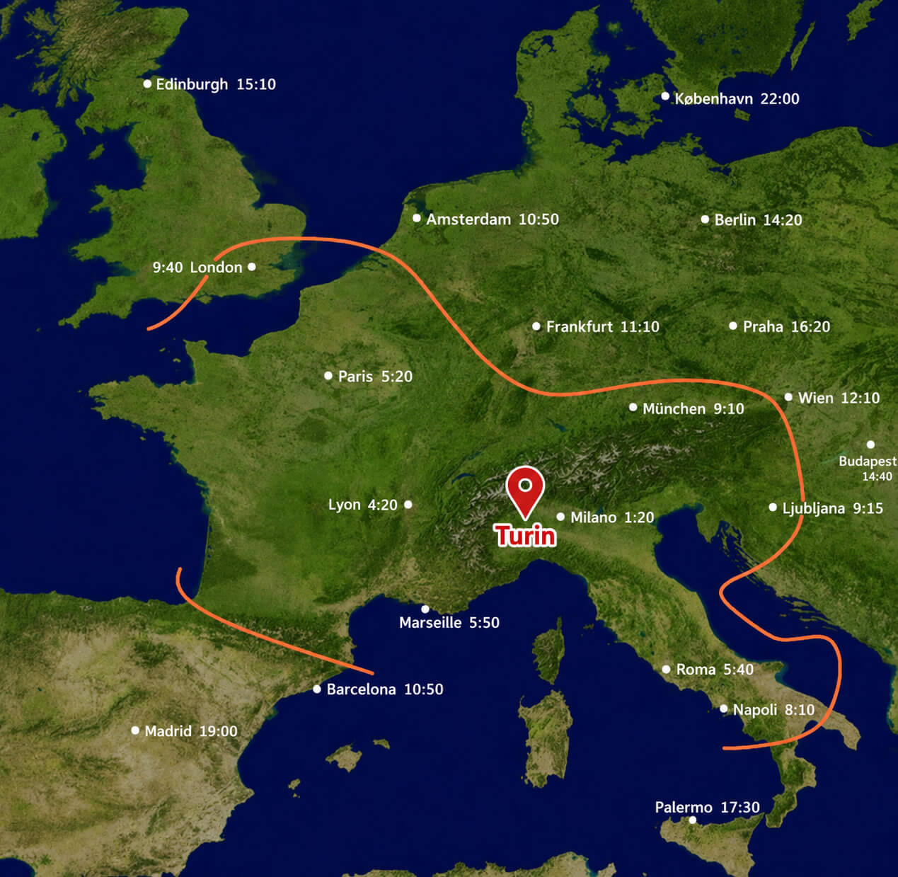 Turin distance map from European cities
