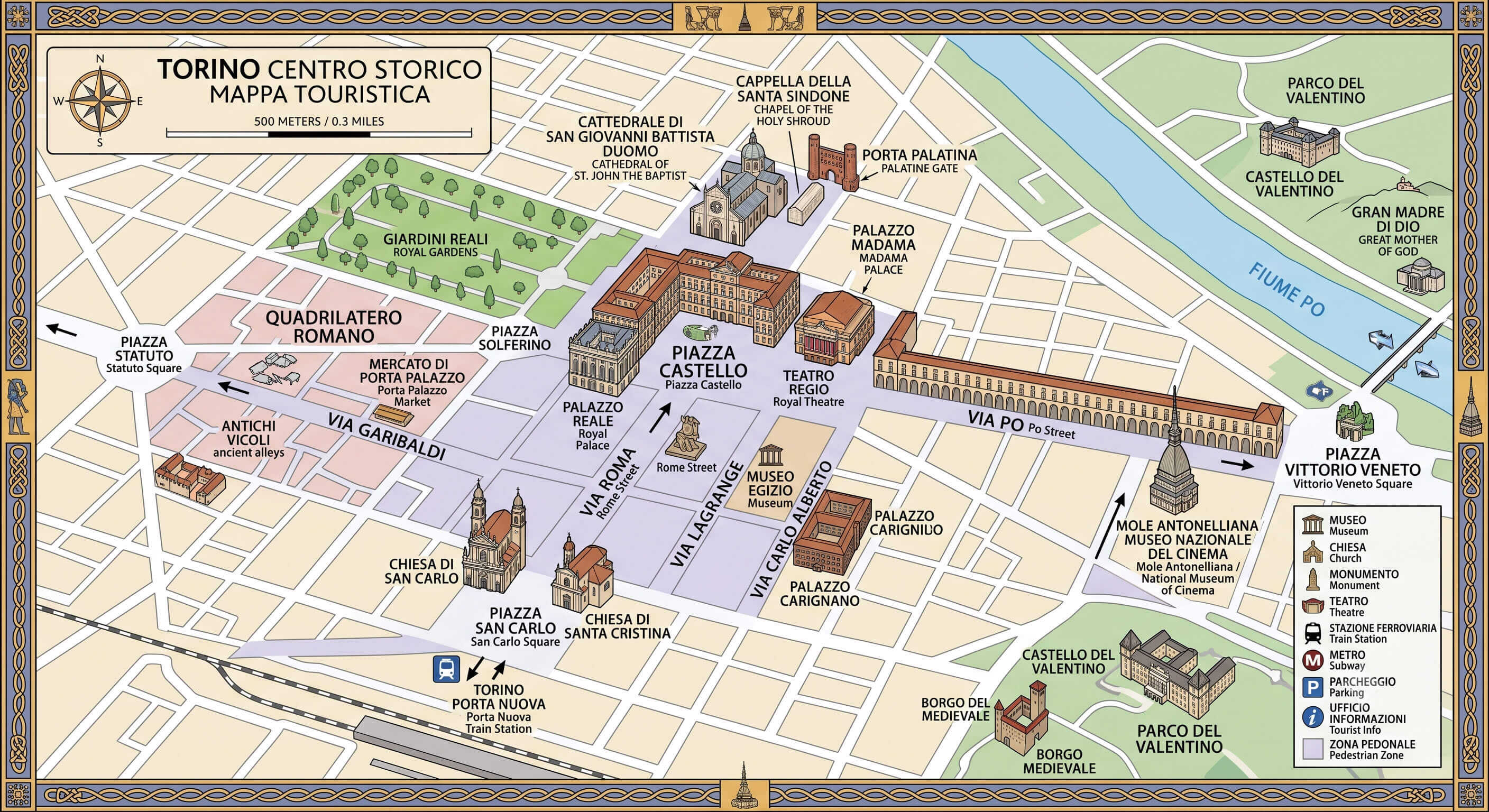 Turin historic city center map