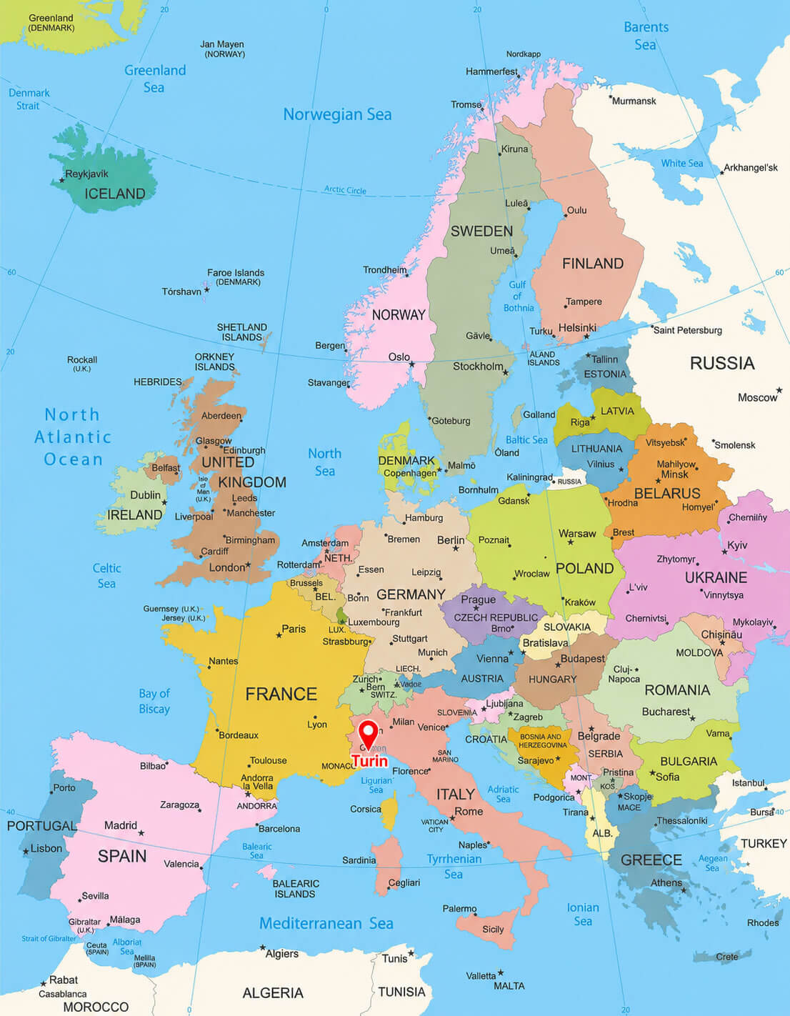 Turin location map in Europe