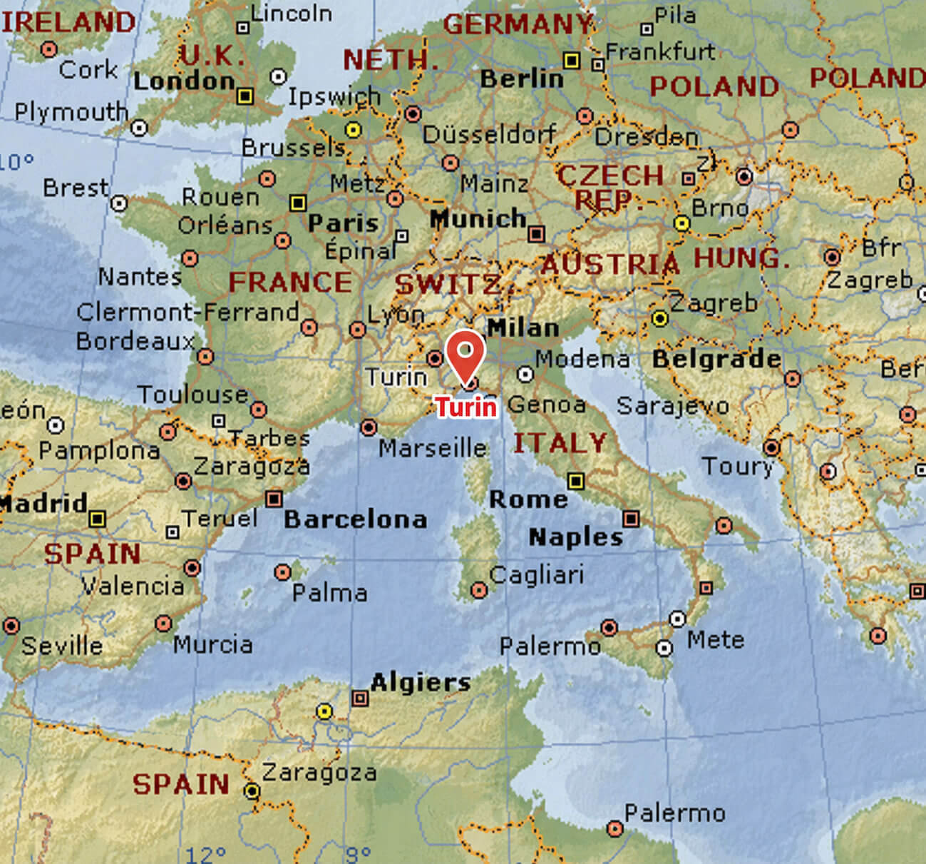 Turin on Europe physical map
