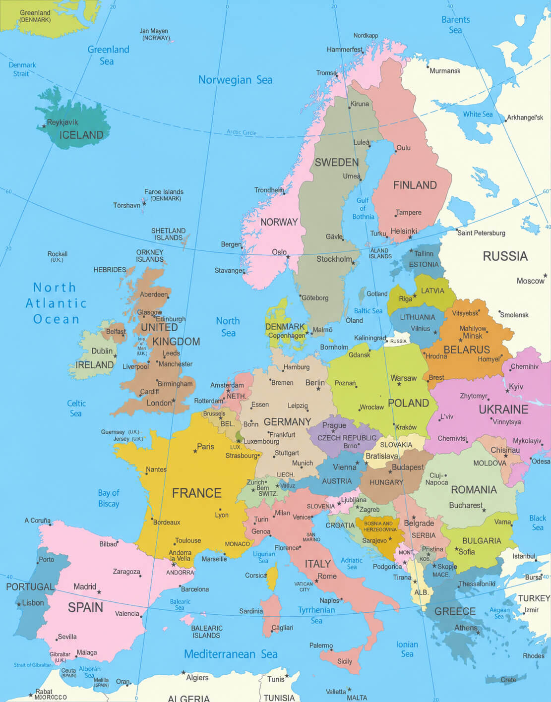 Europe national borders map