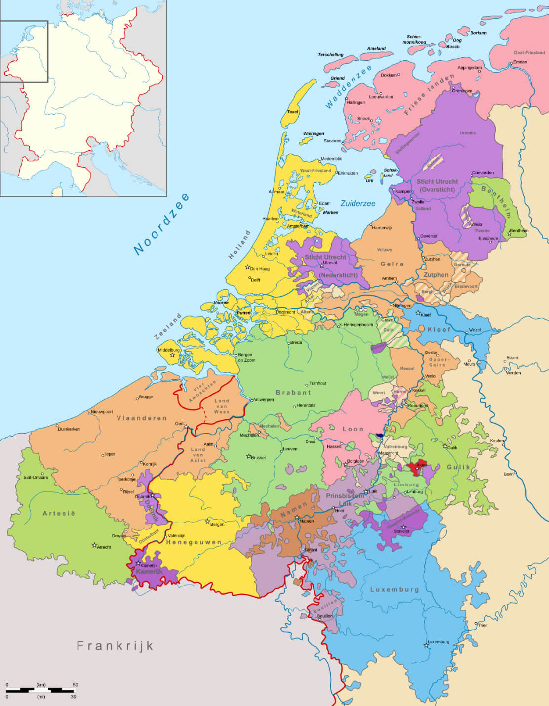 Cities map of the political in Netherlands 1350