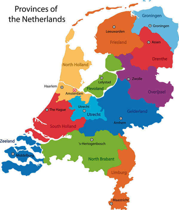 Colorful Netherlands cities provinces map