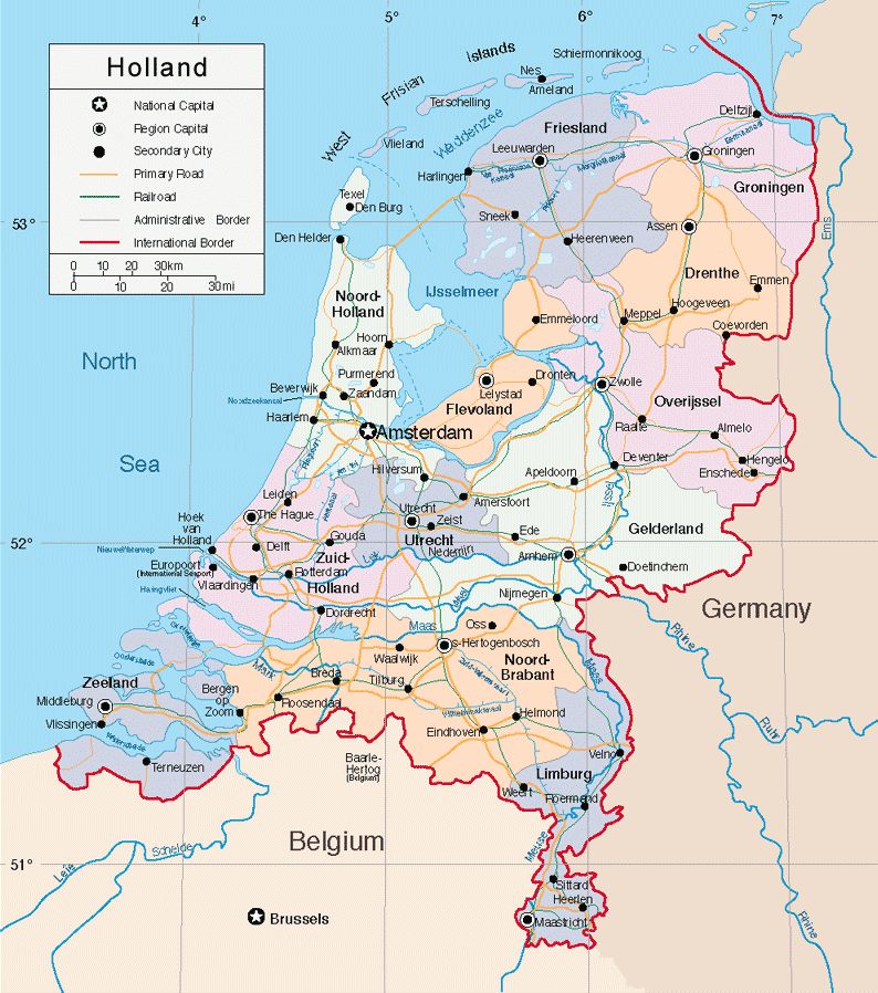 Holland physical map with cities
