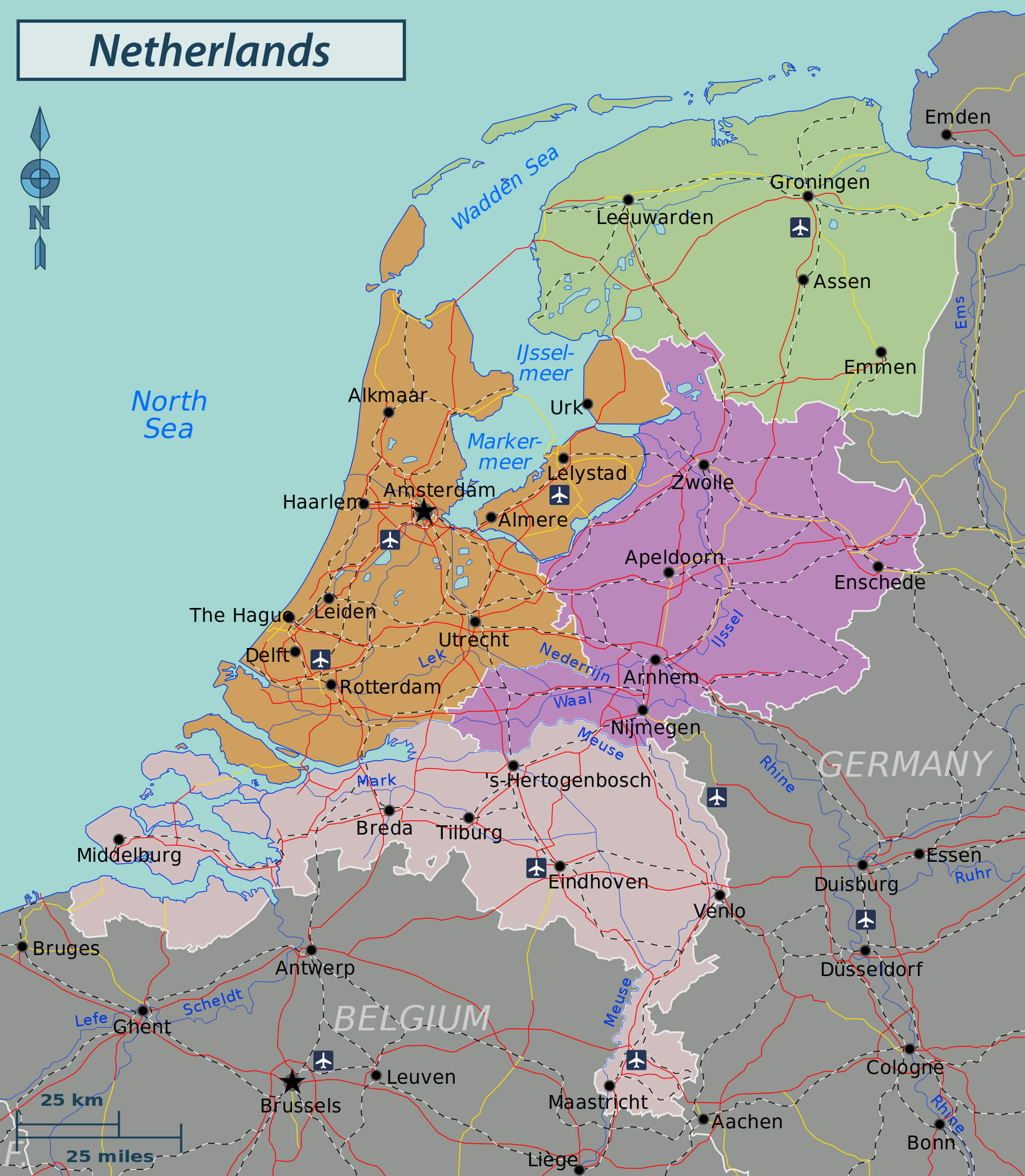 Large detailed administrative and road map of Netherlands