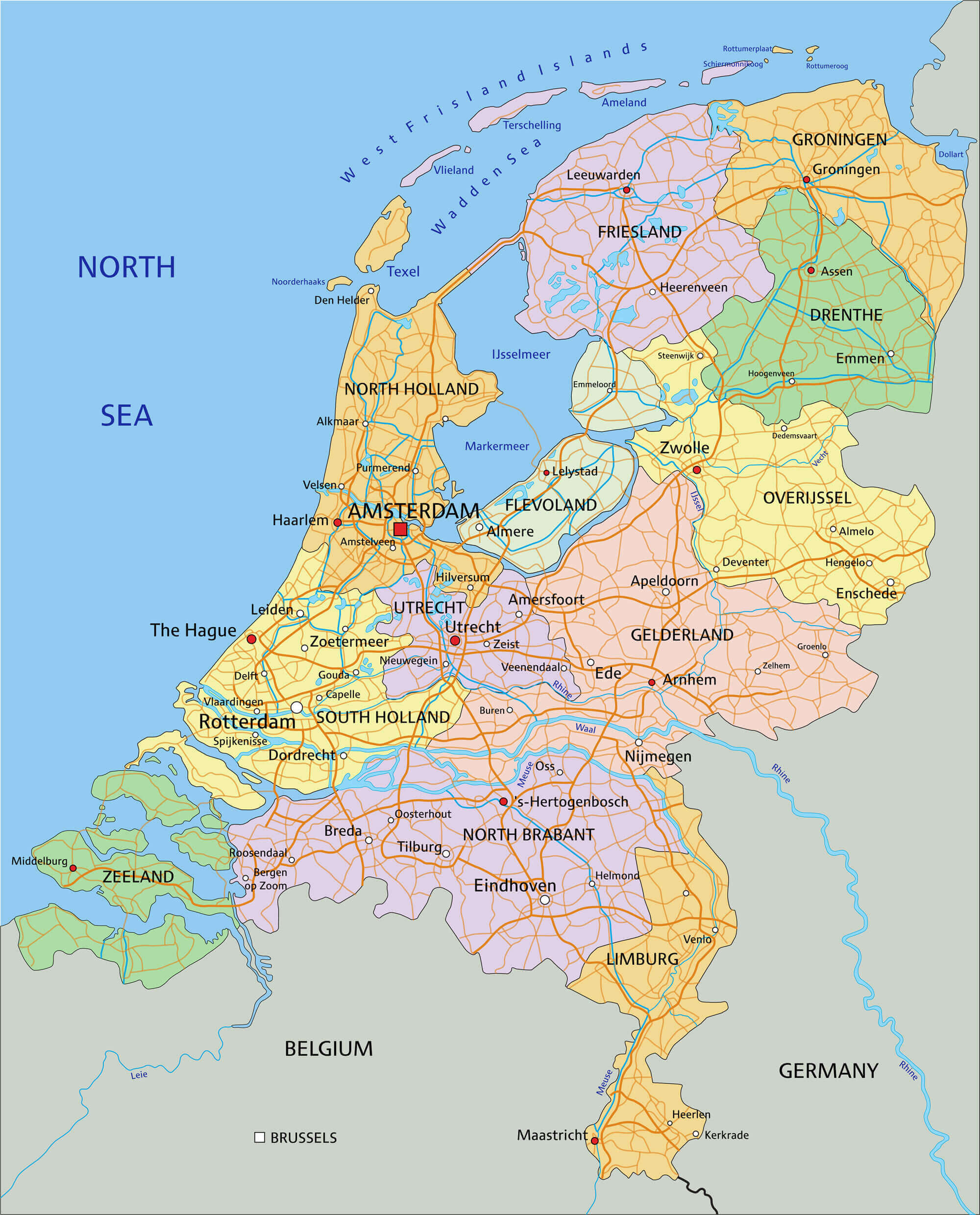 Netherlands administrative map by cities